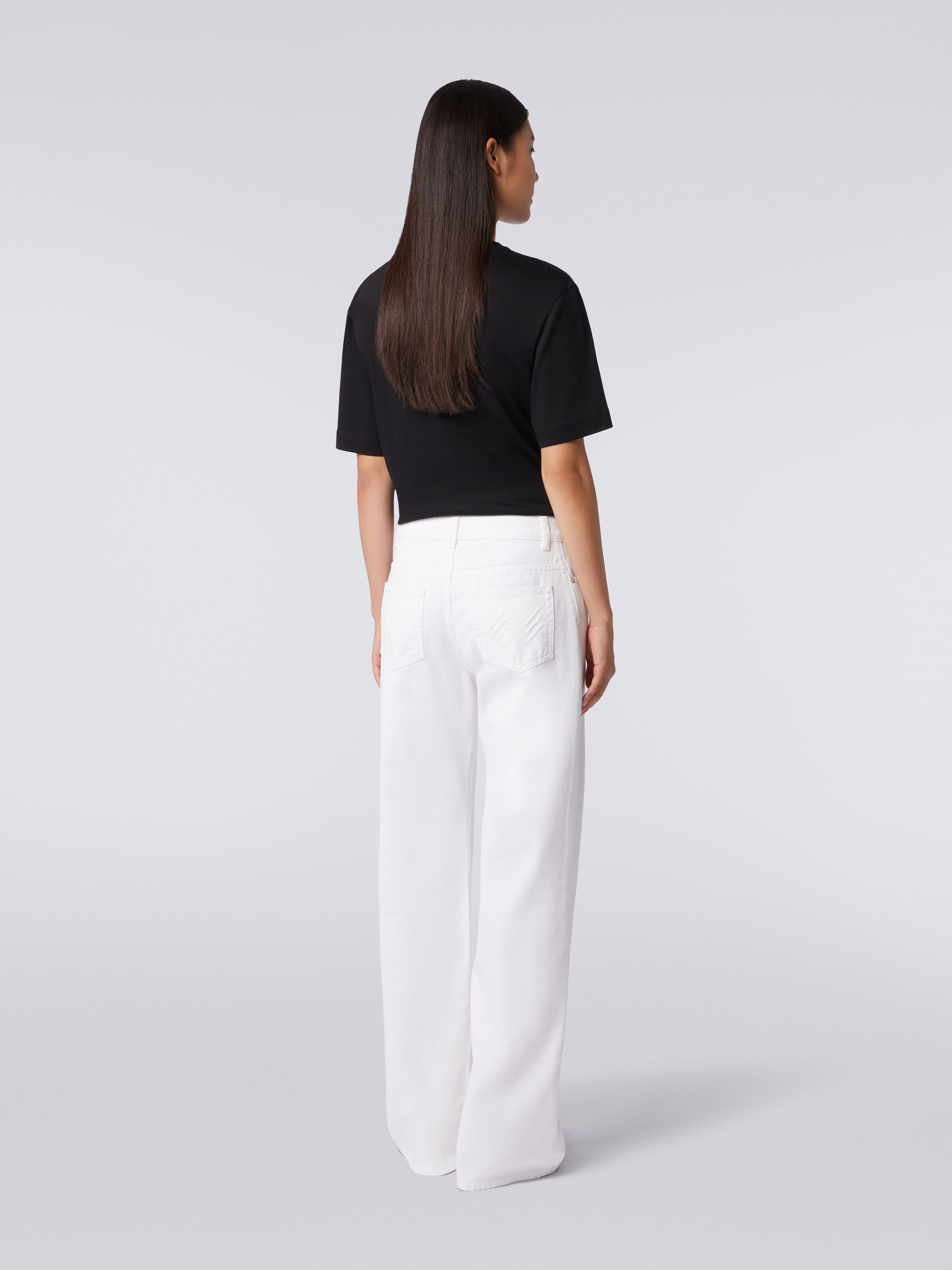 Five-pocket palazzo trousers with zigzag embroidery on the back pocket  , White  - 3