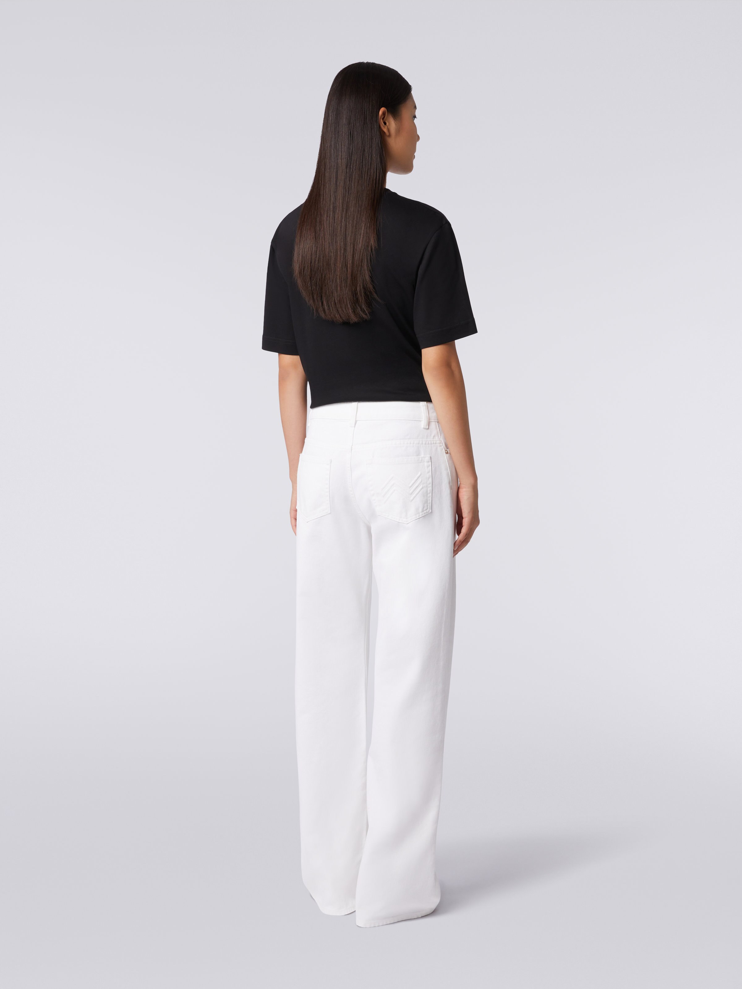 Five-pocket palazzo trousers with zigzag embroidery on the back pocket, White  - 3