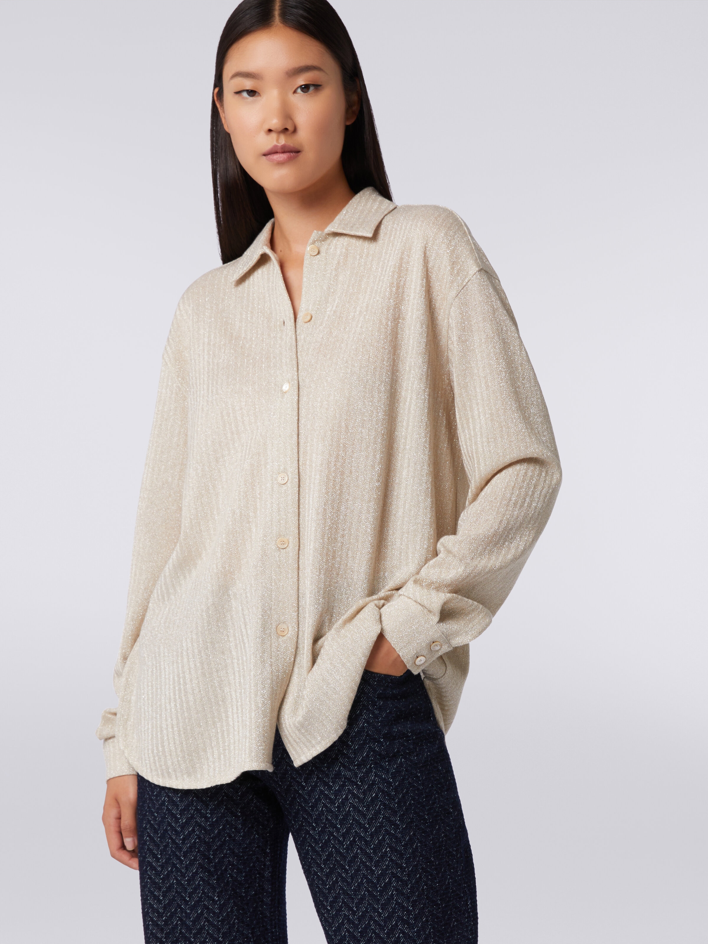 Cotton and viscose lamé oversized shirt , Beige - 4