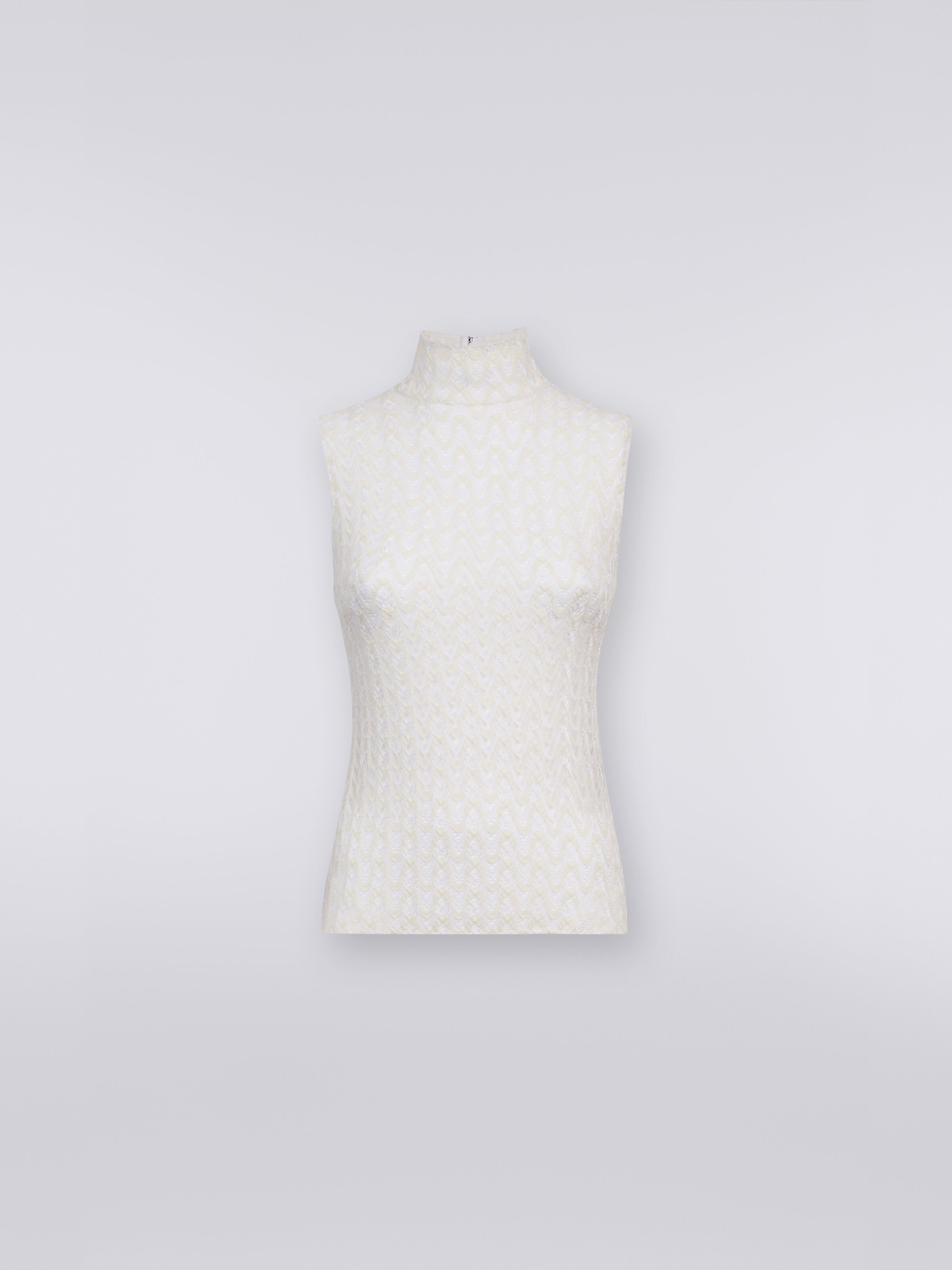 Camiseta sin mangas de lana y viscosa con confección raschel, Blanco  - 0
