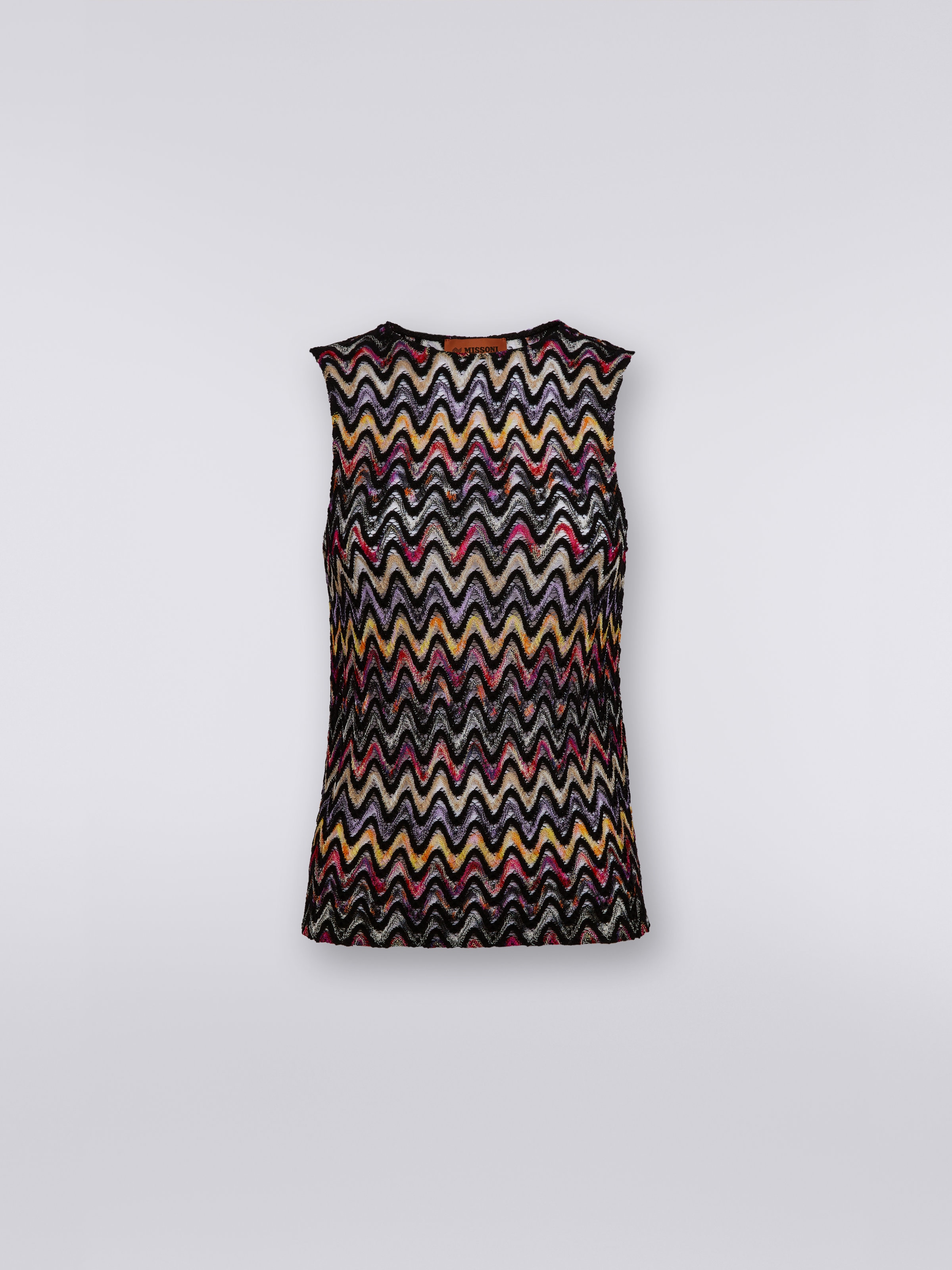 Wool and viscose tank top with wave motif and lace, Multicoloured  - 0