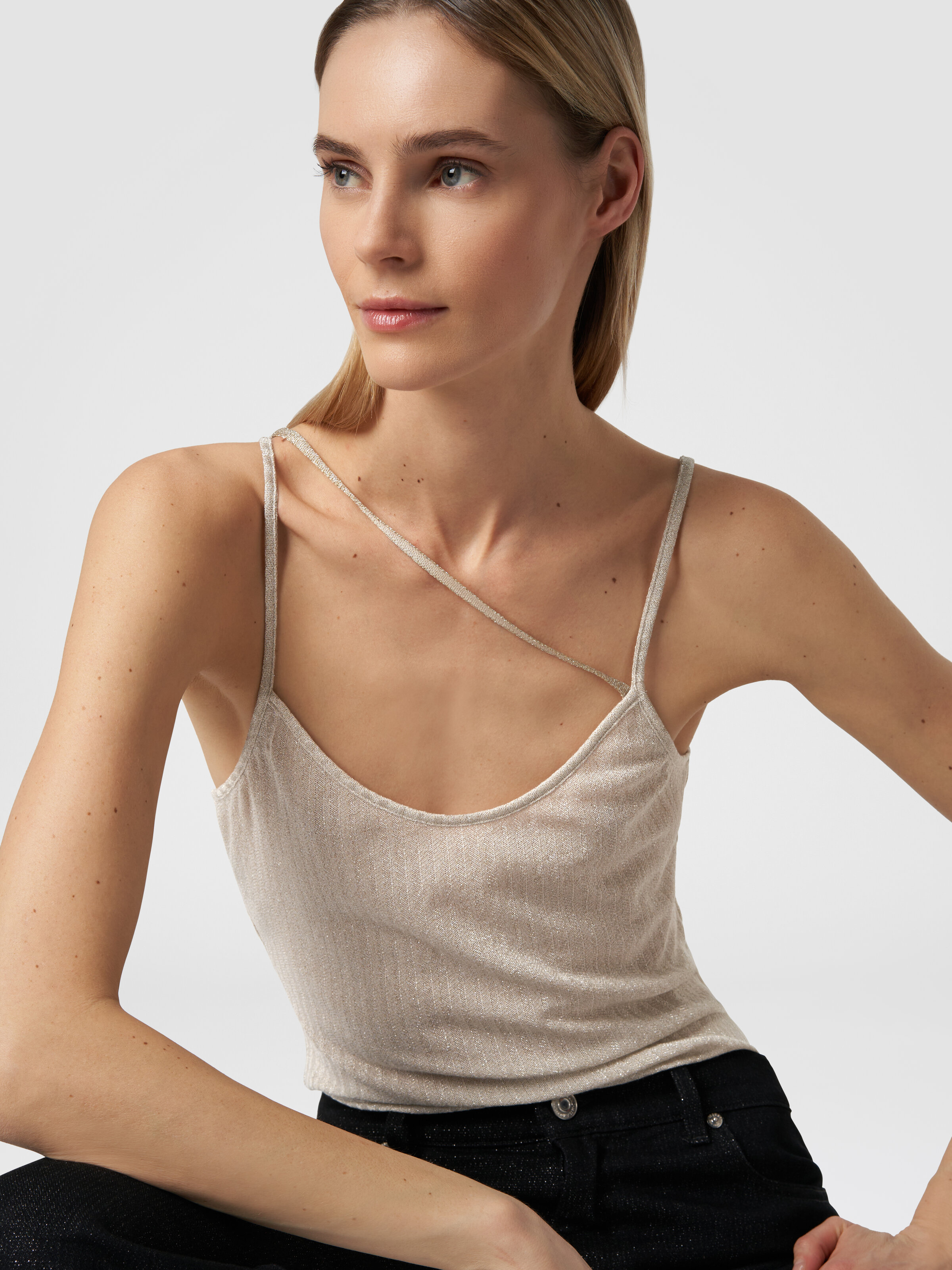 Cotton and viscose lamé tank top, Beige - 4
