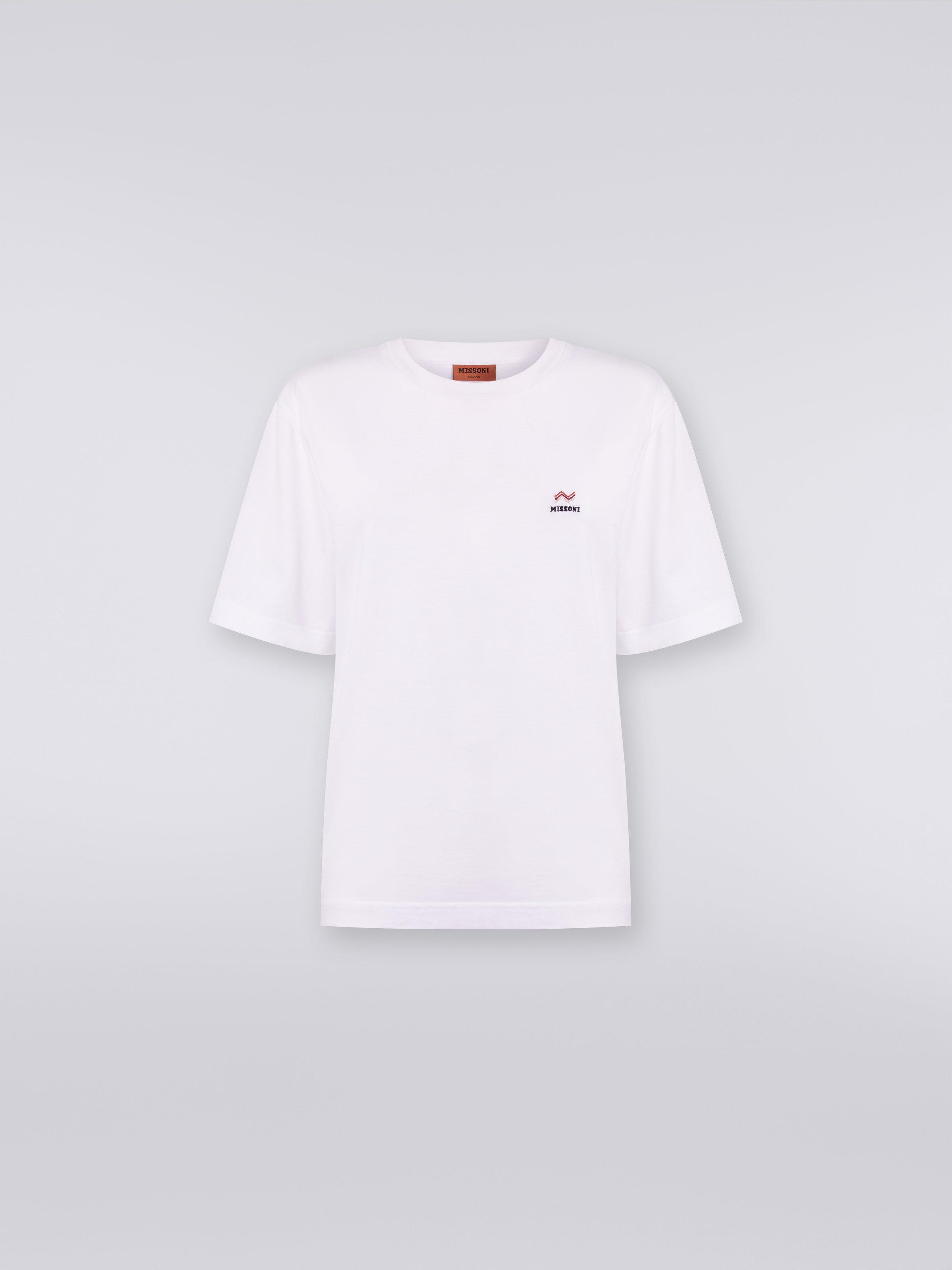 Tシャツ ラウンドネック コットン 刺繍＆ロゴ入り, ホワイト  - 0