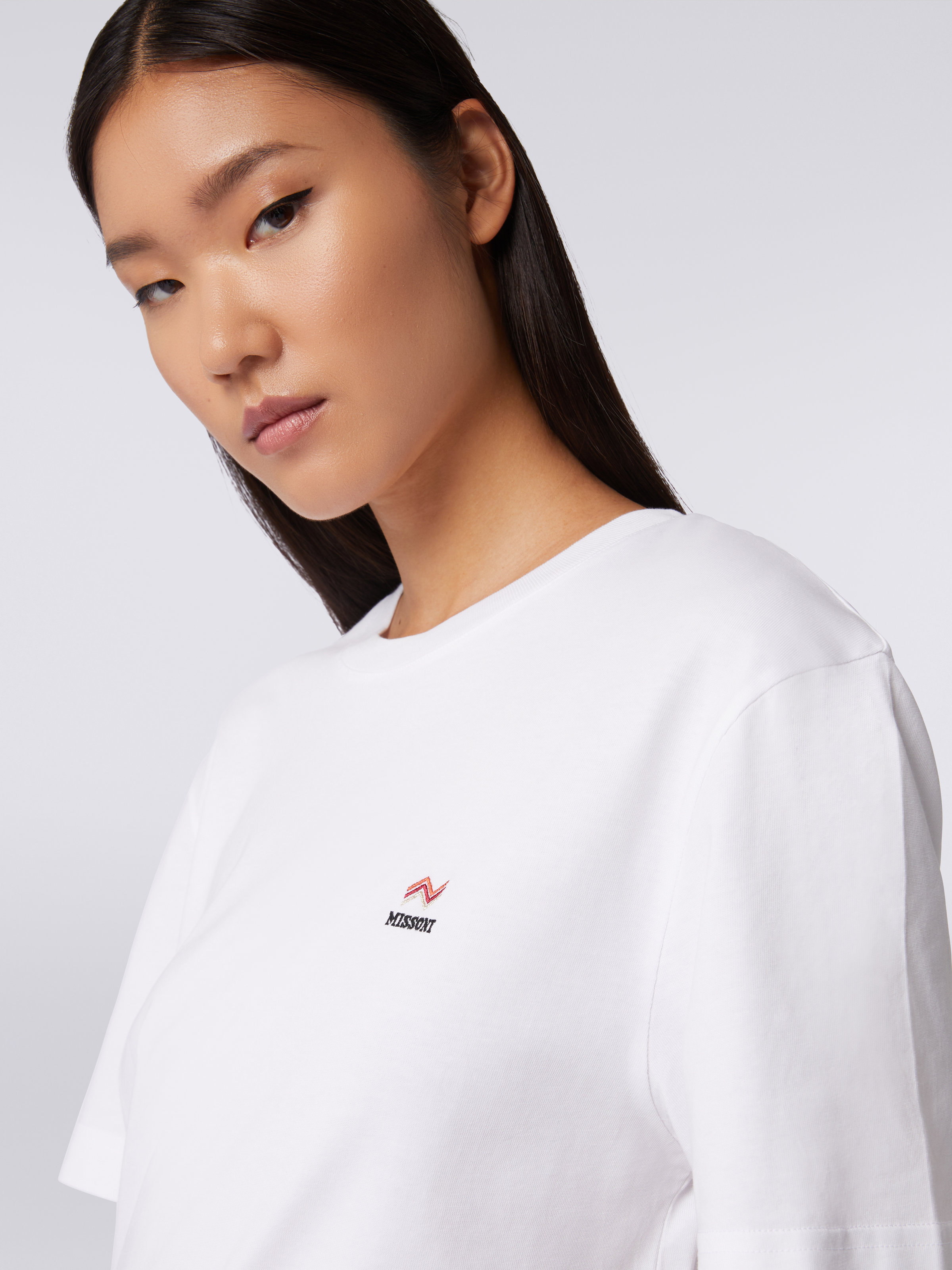 T-shirt girocollo in cotone con ricamo e logo, Bianco  - 4