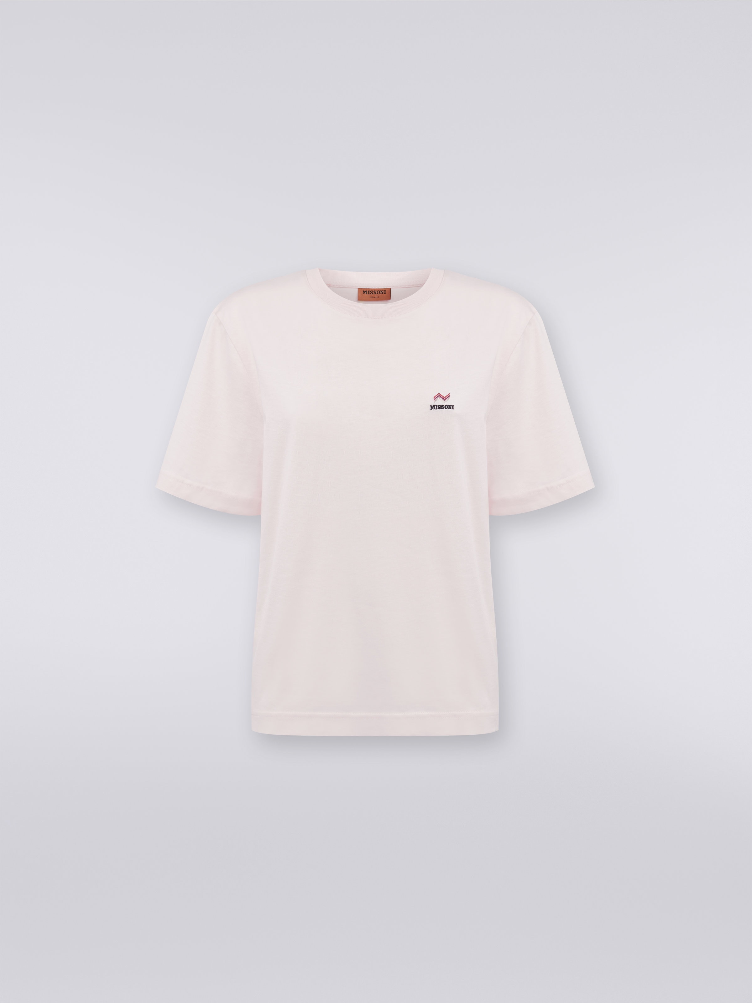T-shirt girocollo in cotone con ricamo e logo, Rosa   - 0