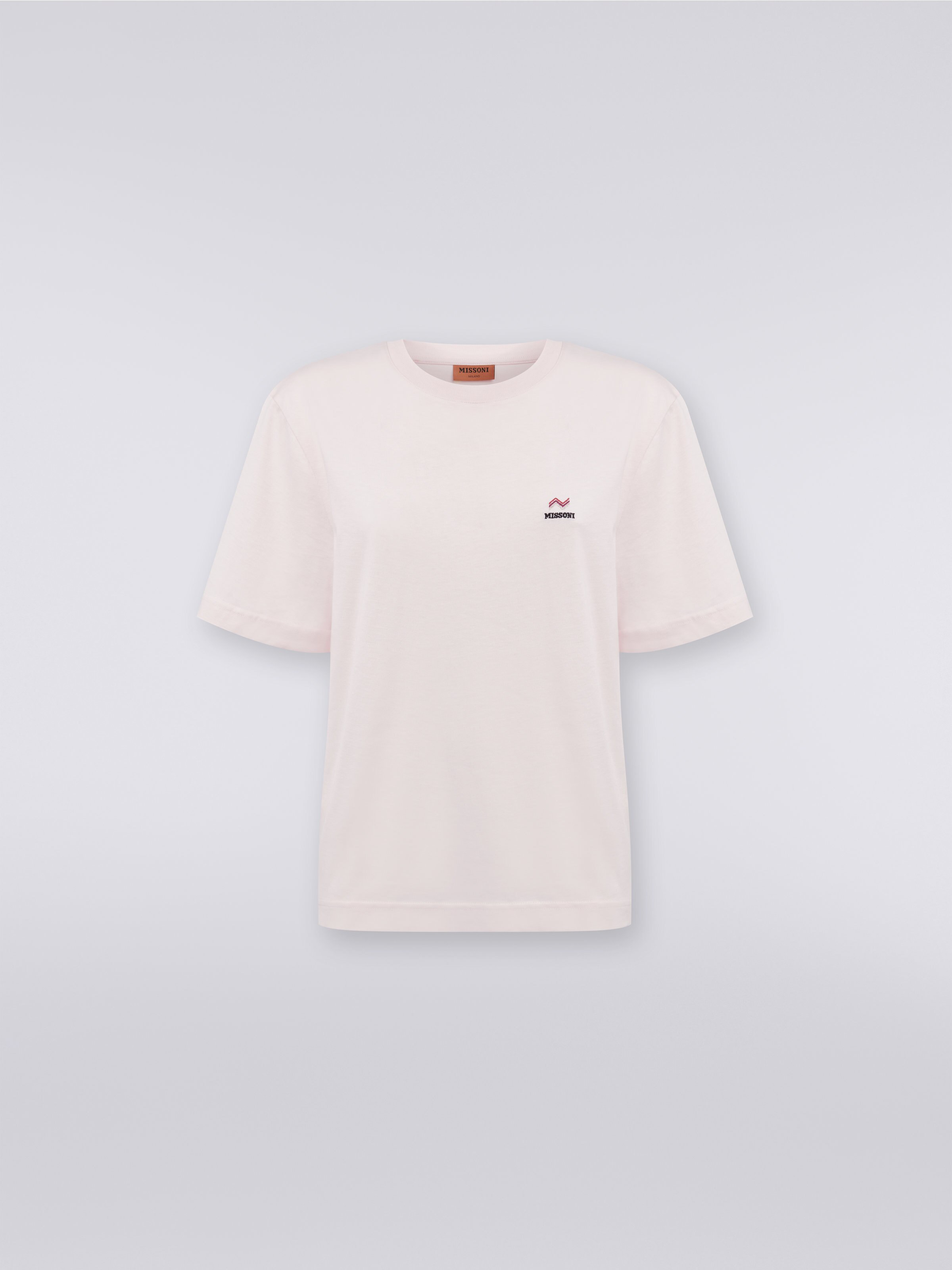 T-shirt girocollo in cotone con ricamo e logo, Rosa   - 0