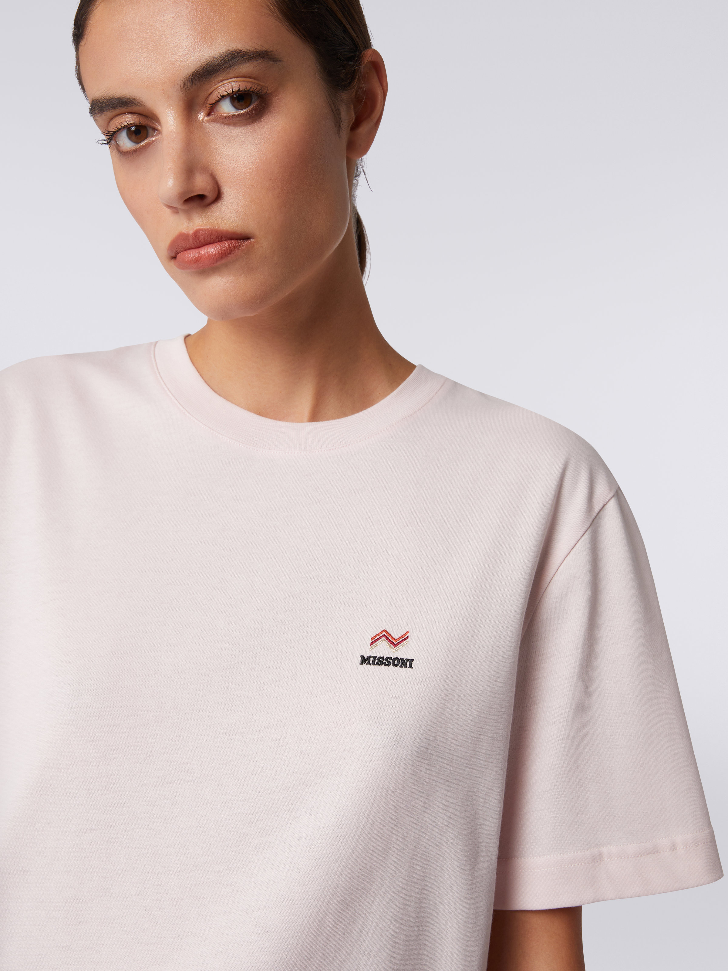 T-shirt girocollo in cotone con ricamo e logo, Rosa   - 4