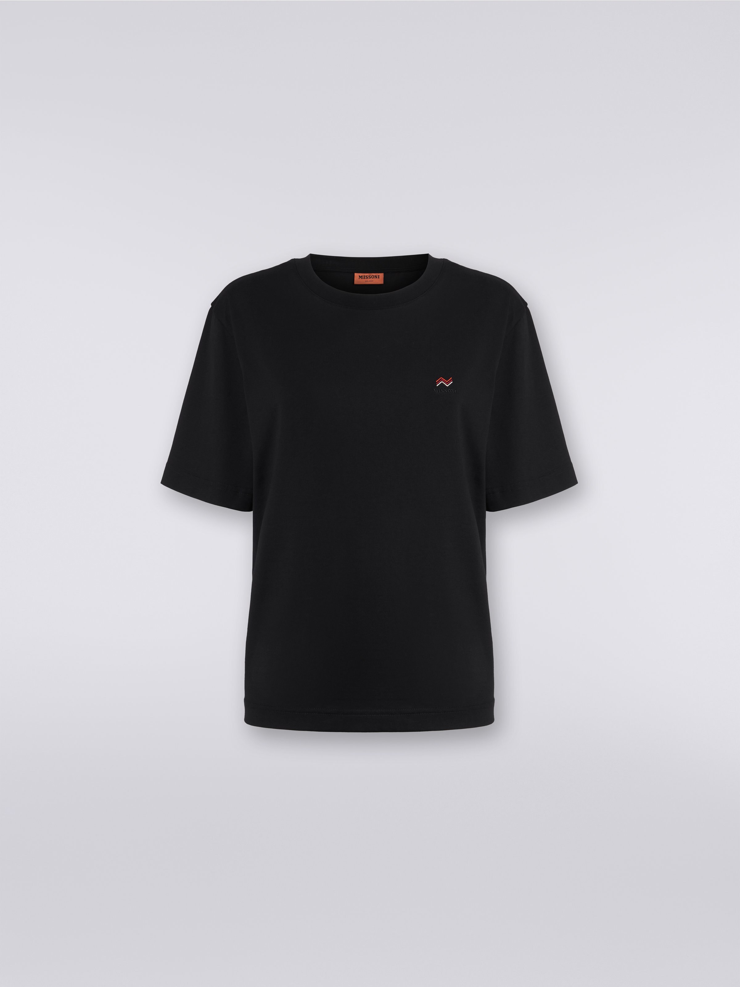 Rundhals-T-Shirt aus Baumwolle mit Stickerei und Logo, Schwarz    - 0