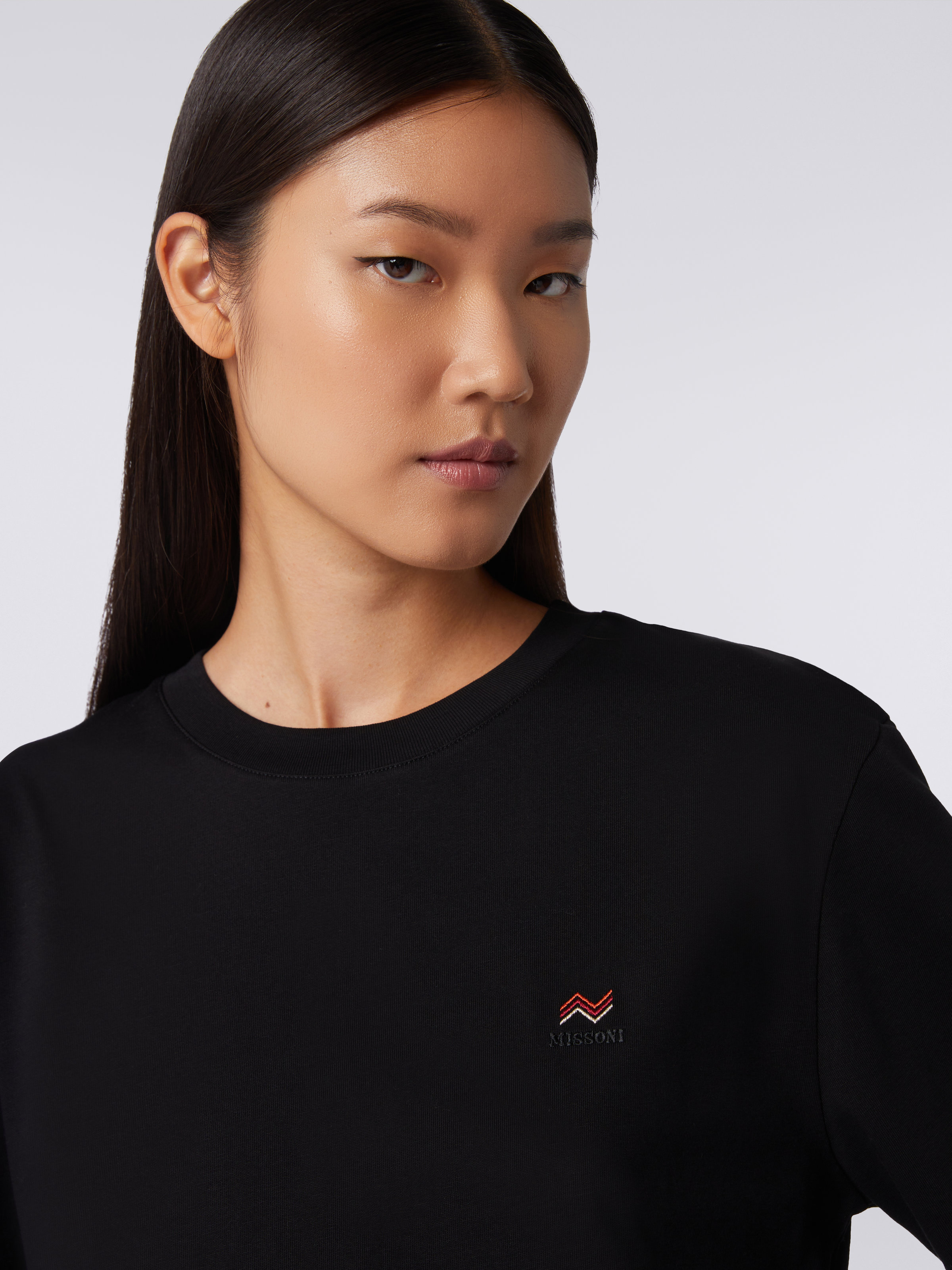 Crew-neck cotton T-shirt with embroidery and logo, Black    - 4