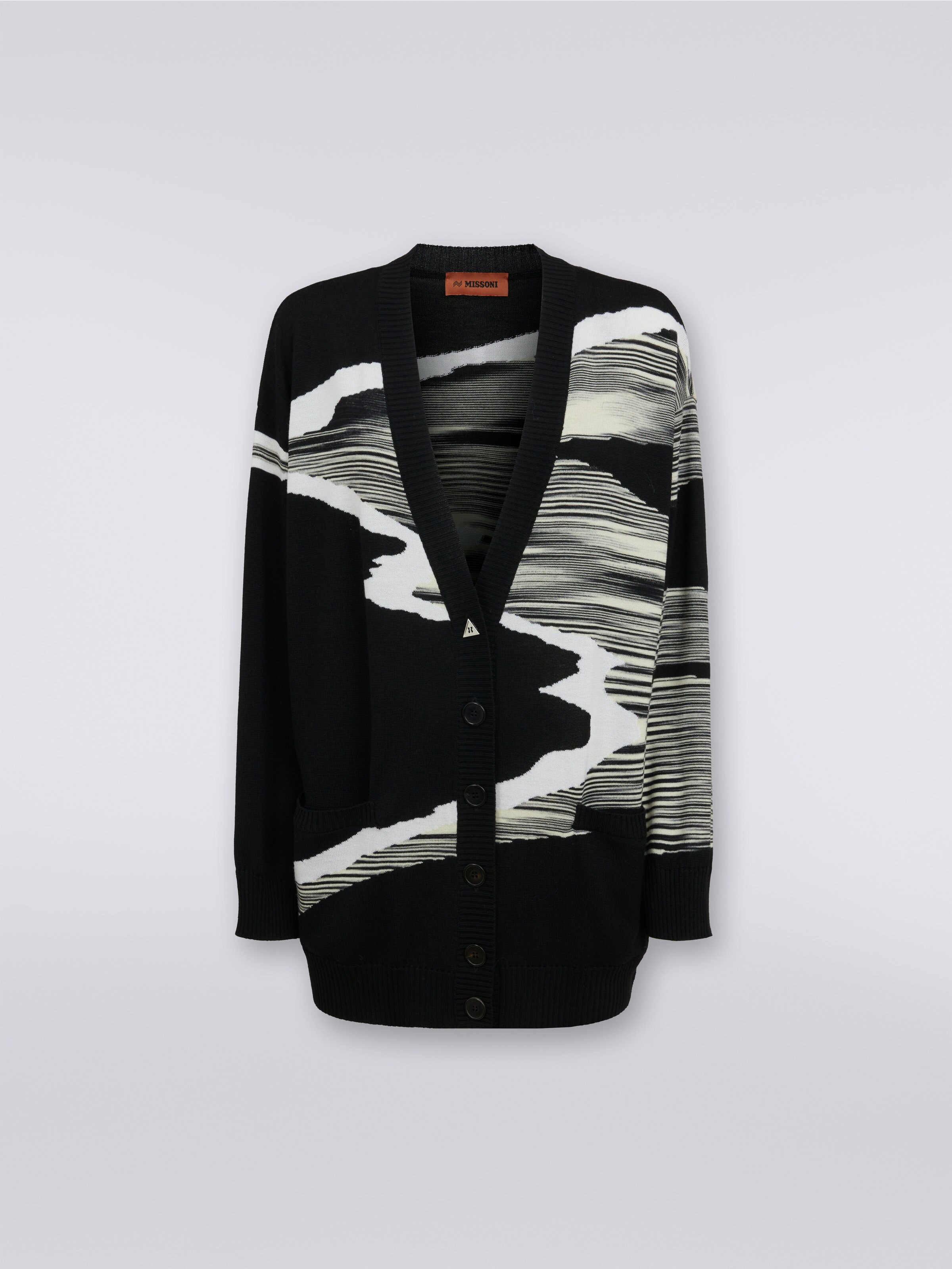 Wool cardigan with inlay details , Black & White - 0