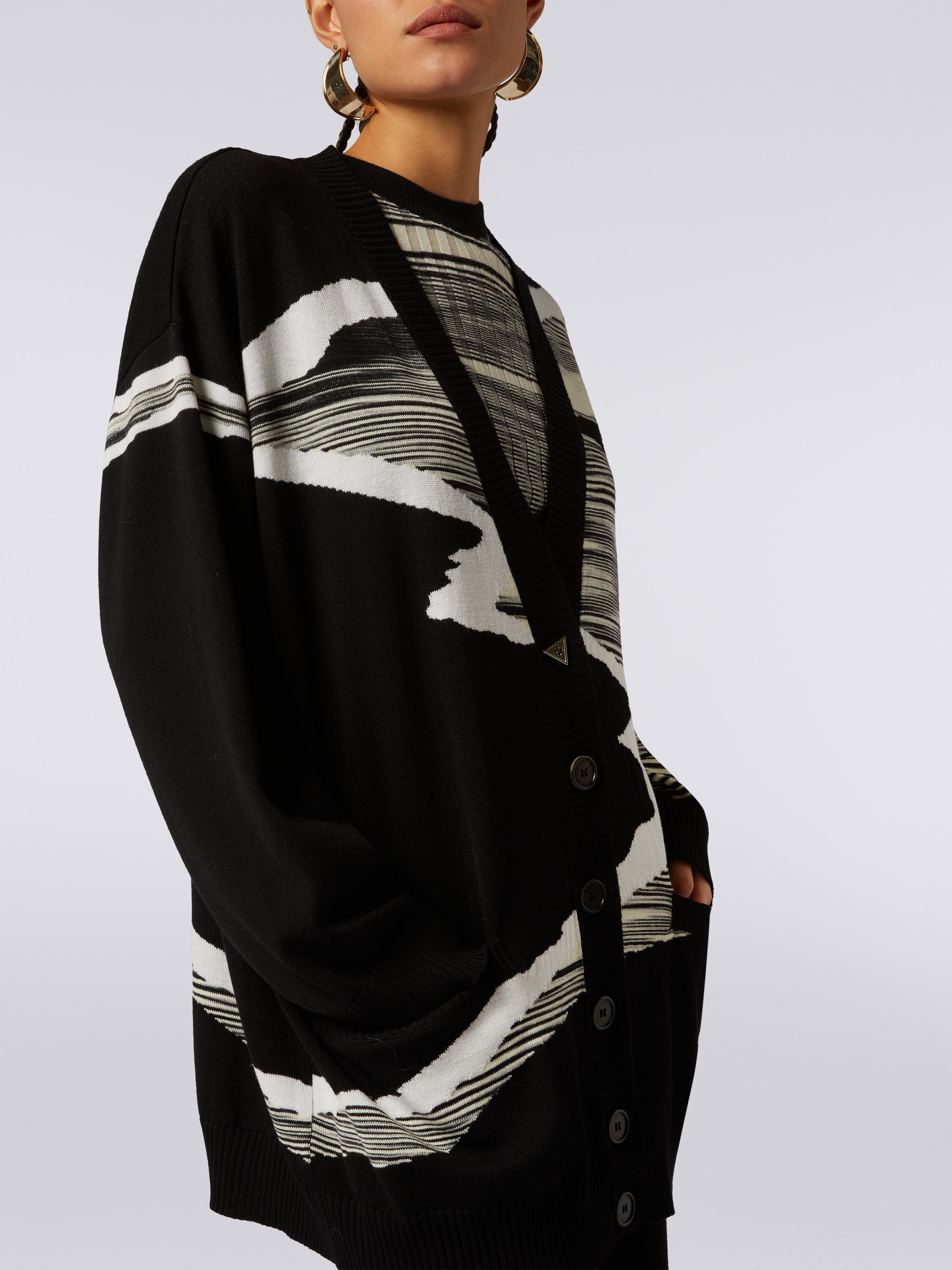 Wool cardigan with inlay details , Black & White - 4