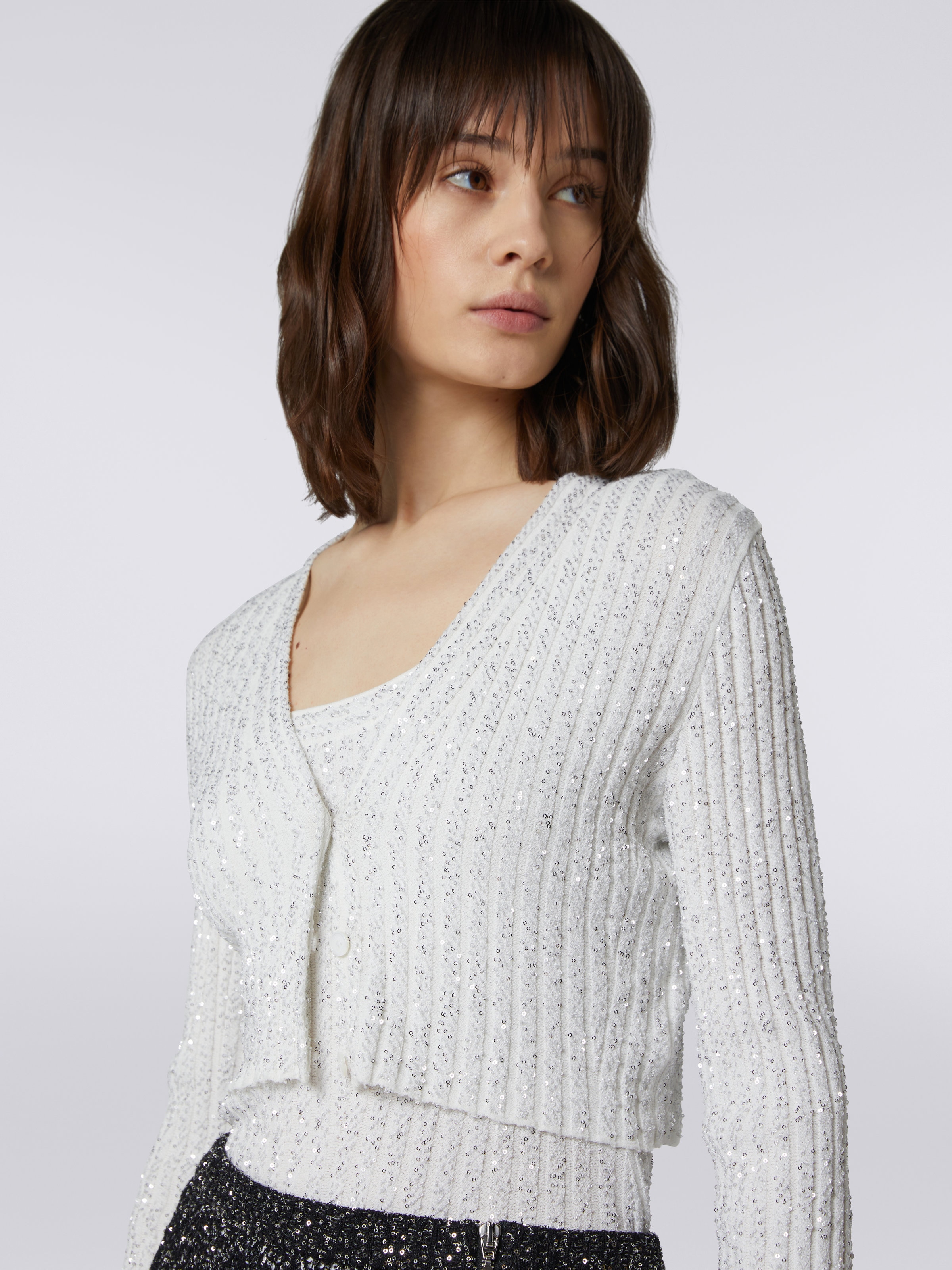Viscose blend cardigan with sequins, White  - 4