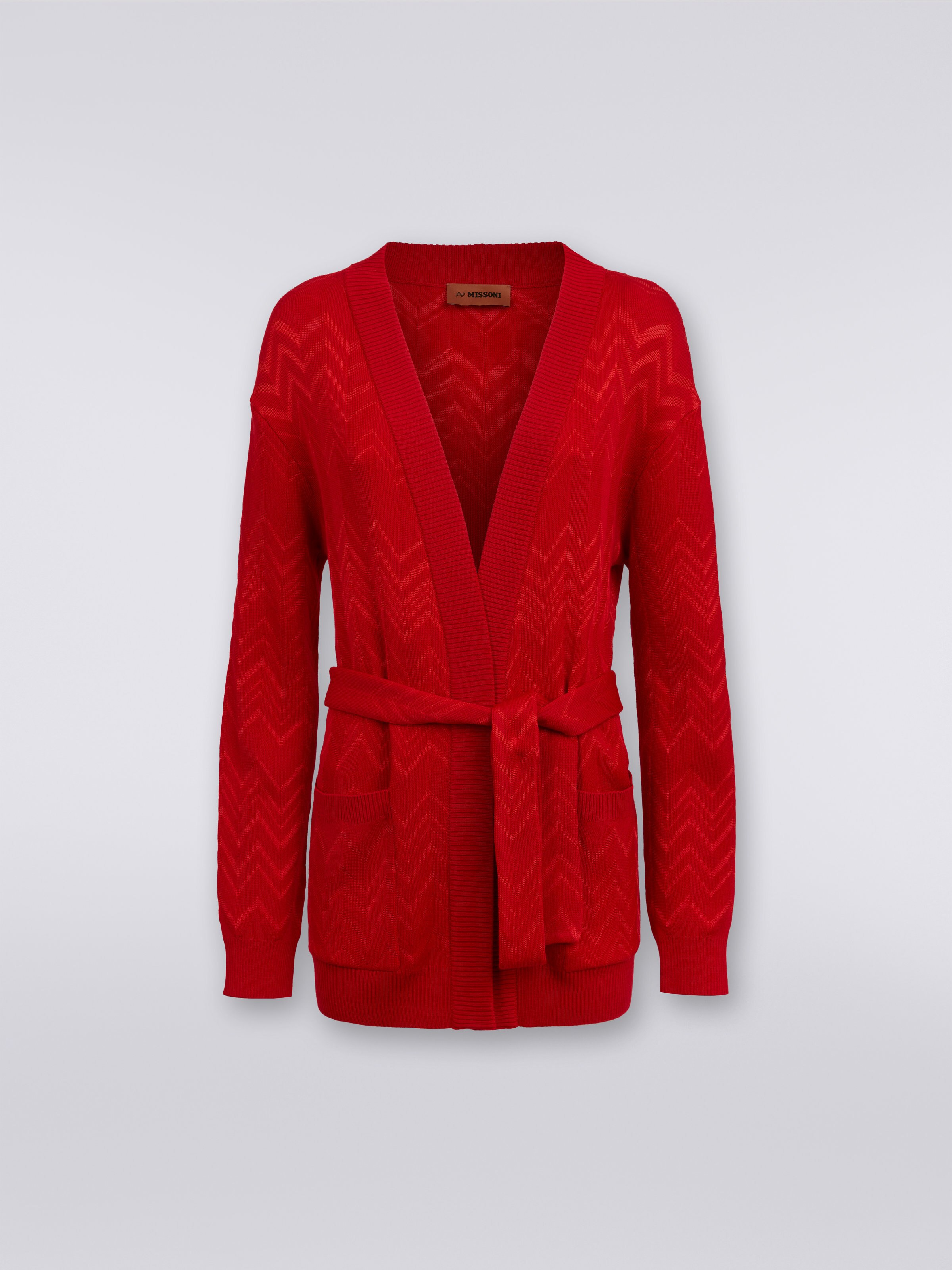 Strickjacke aus Wolle und Viskose - Patentmuster und Taschen, Rot  - 0