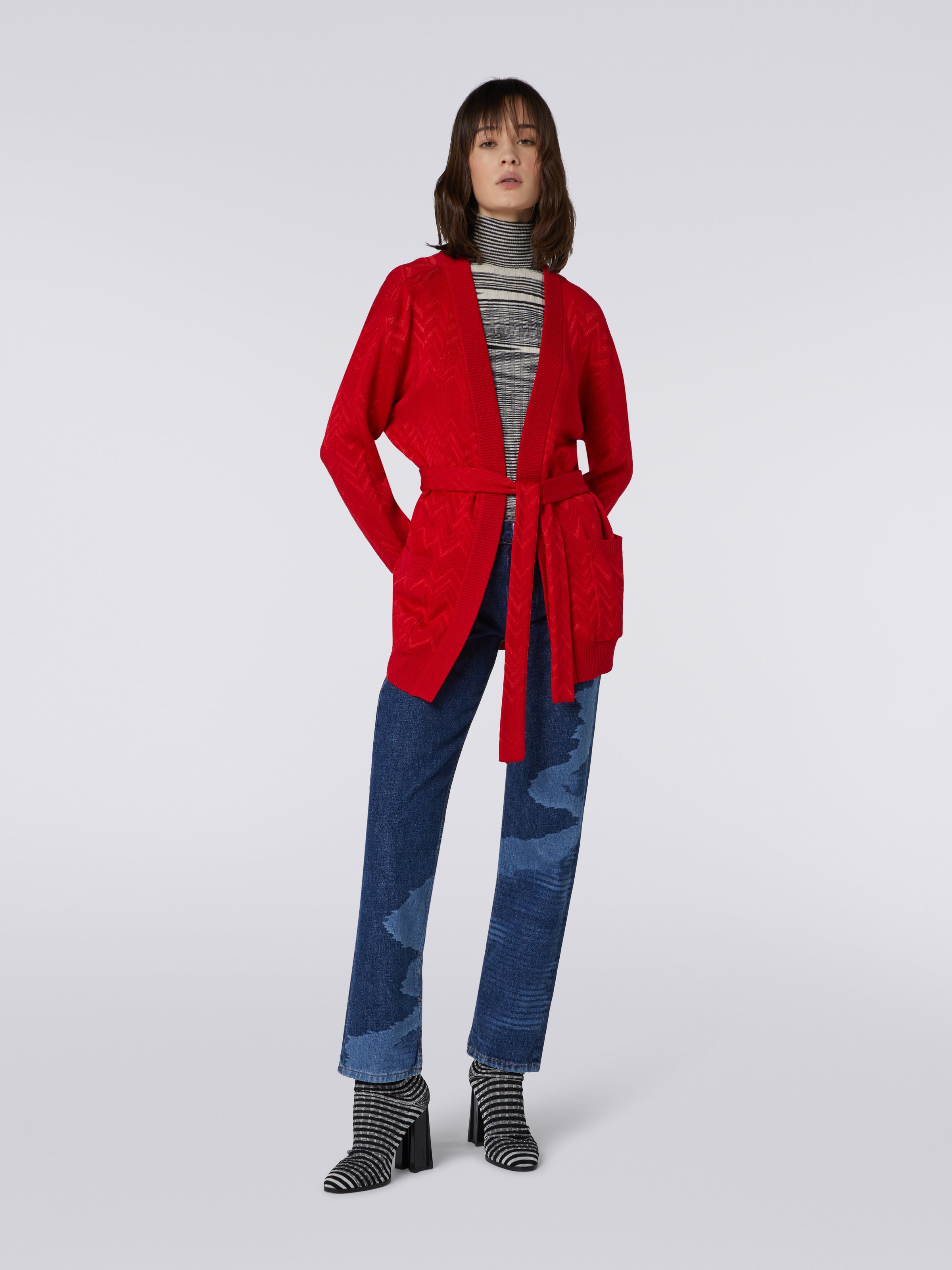 Wool and viscose English-ribbed cardigan with pockets , Red  - 1