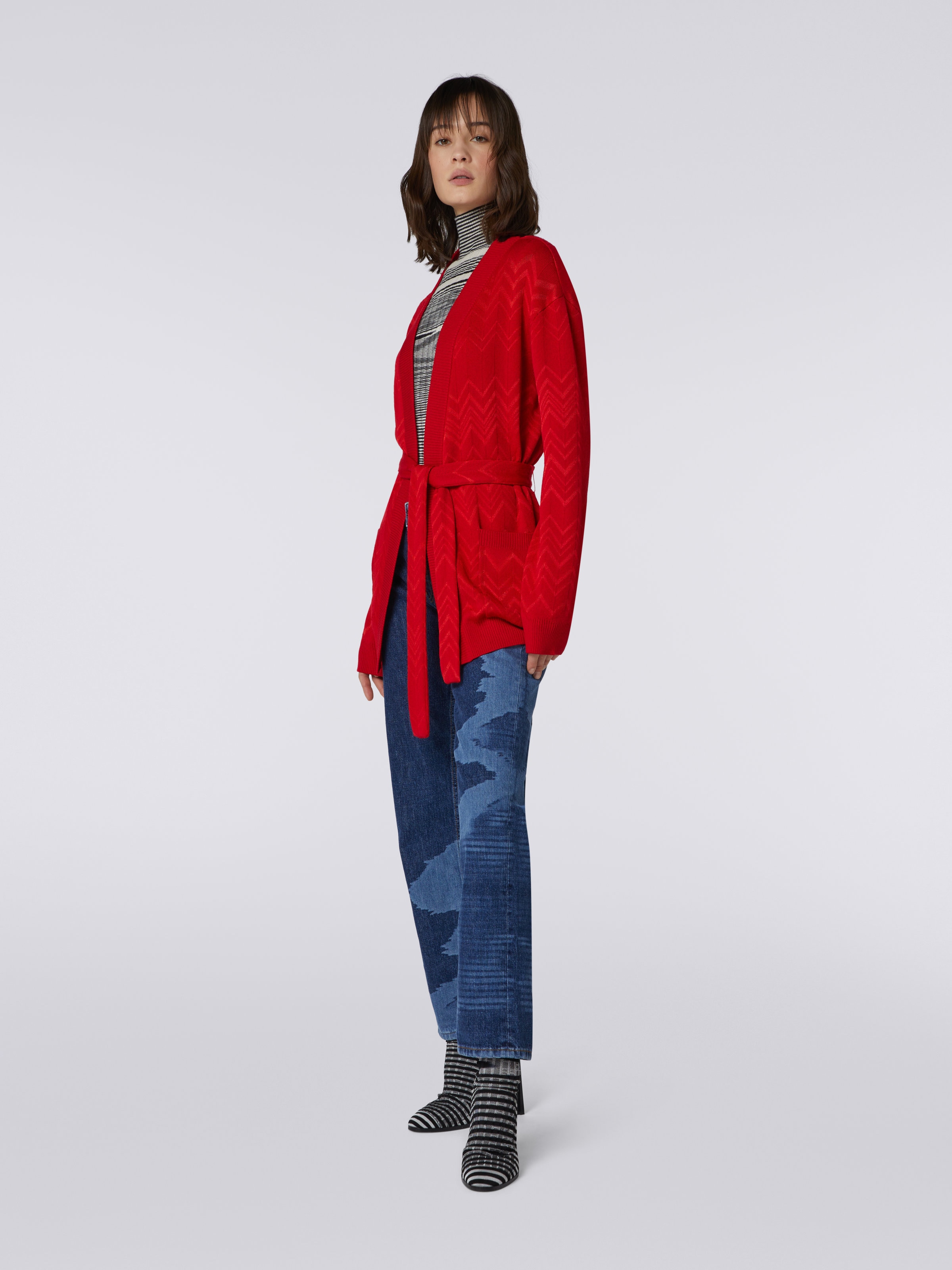 Wool and viscose English-ribbed cardigan with pockets , Red  - 2