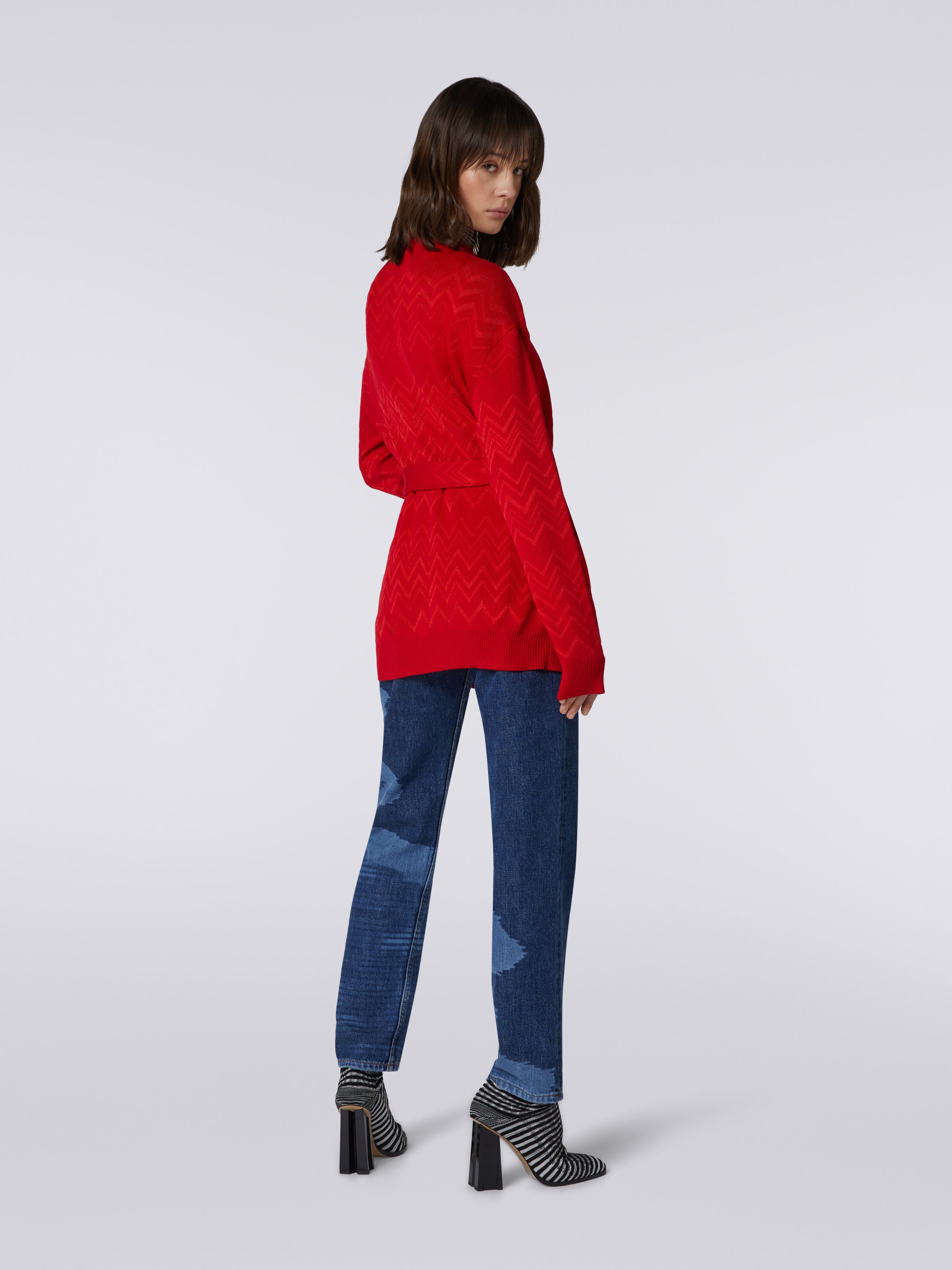 Wool and viscose English-ribbed cardigan with pockets , Red  - 3
