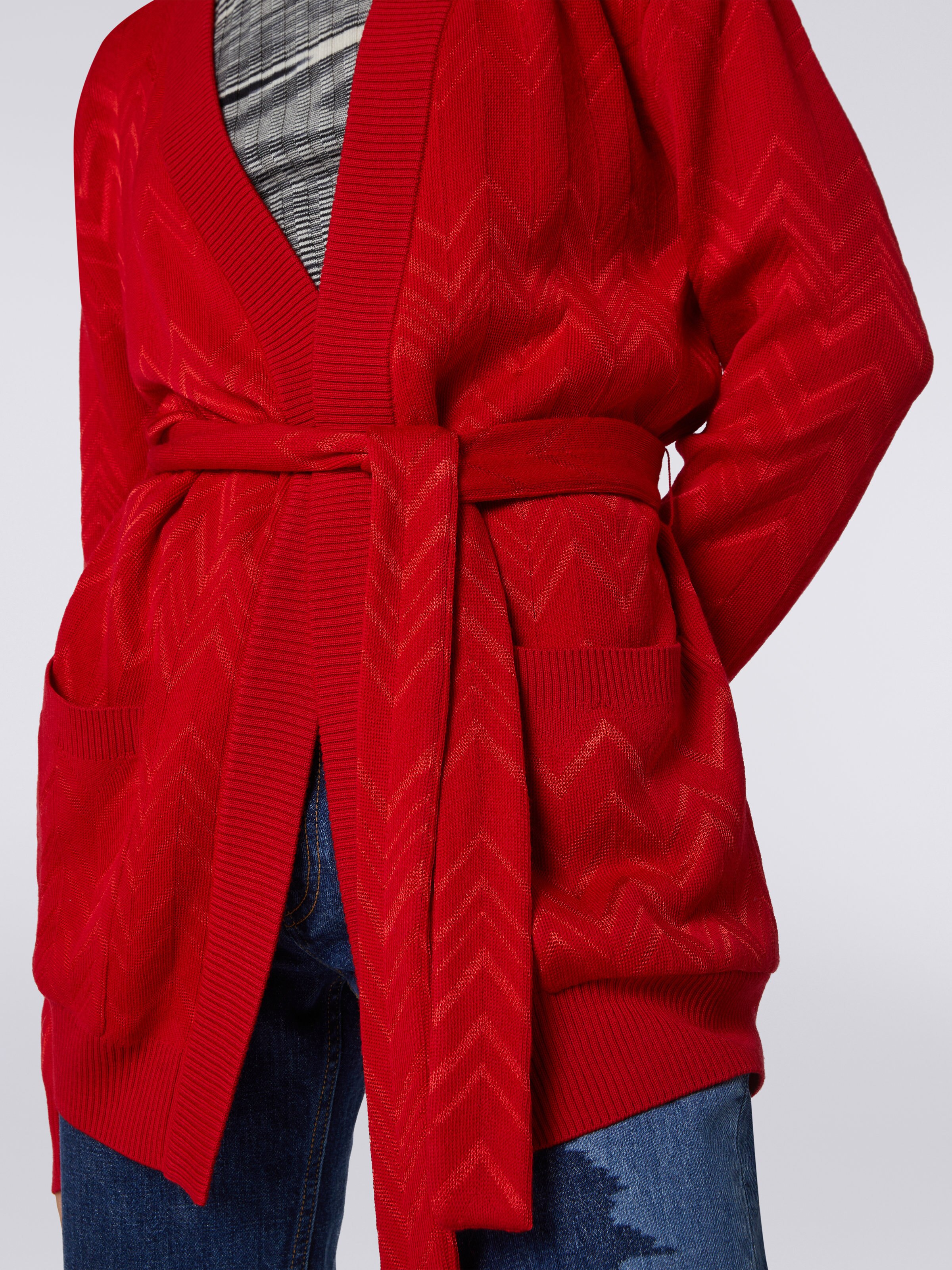 Wool and viscose English-ribbed cardigan with pockets , Red  - 4