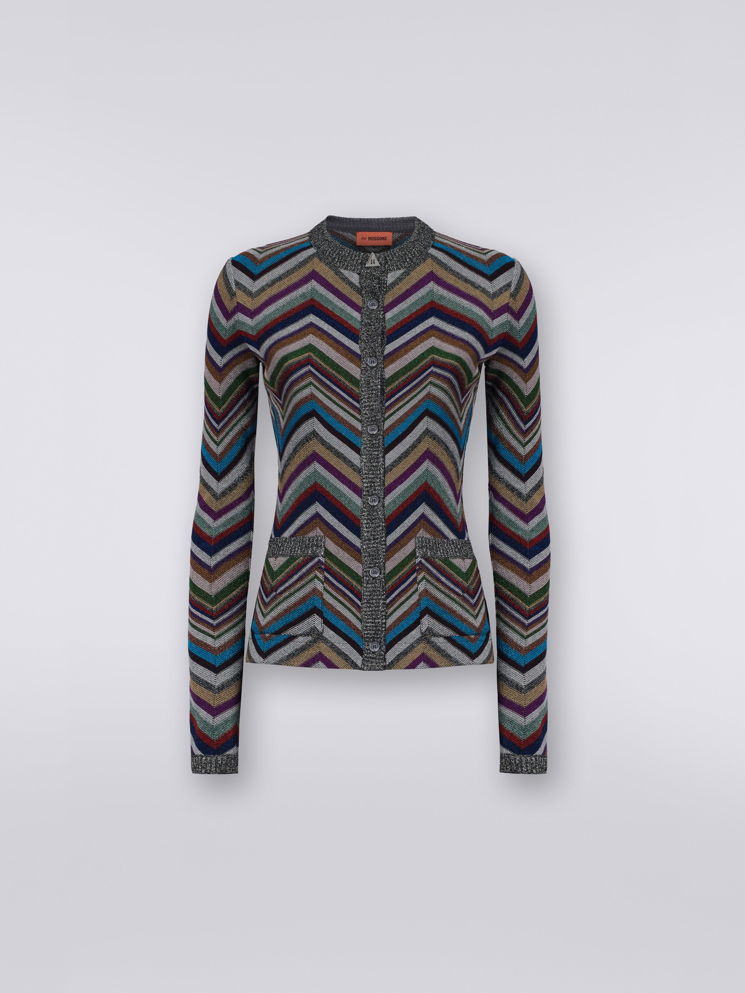 Wool blend chevron cardigan with lurex , Multicoloured  - 0