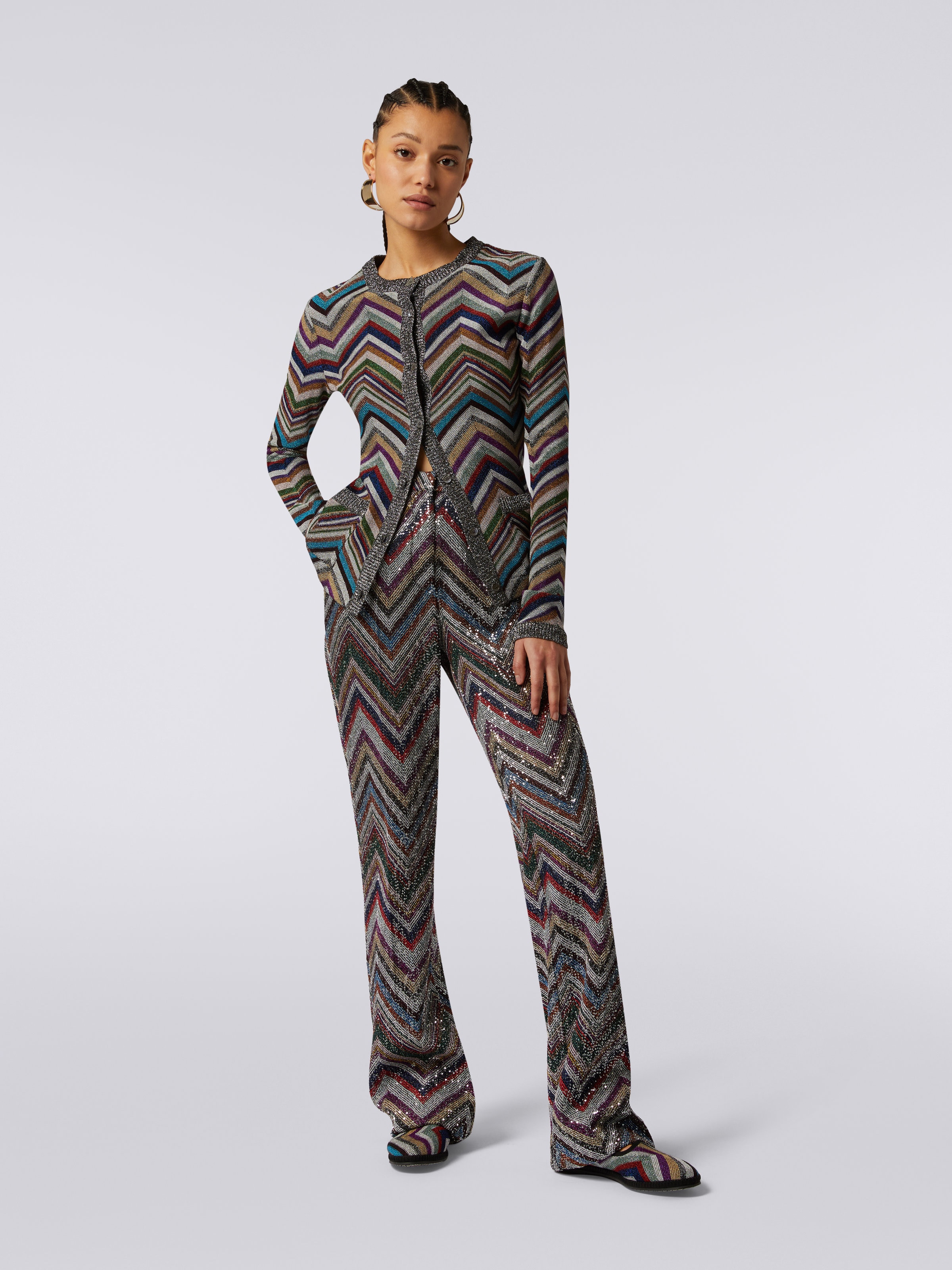 Wool blend chevron cardigan with lurex , Multicoloured  - 1