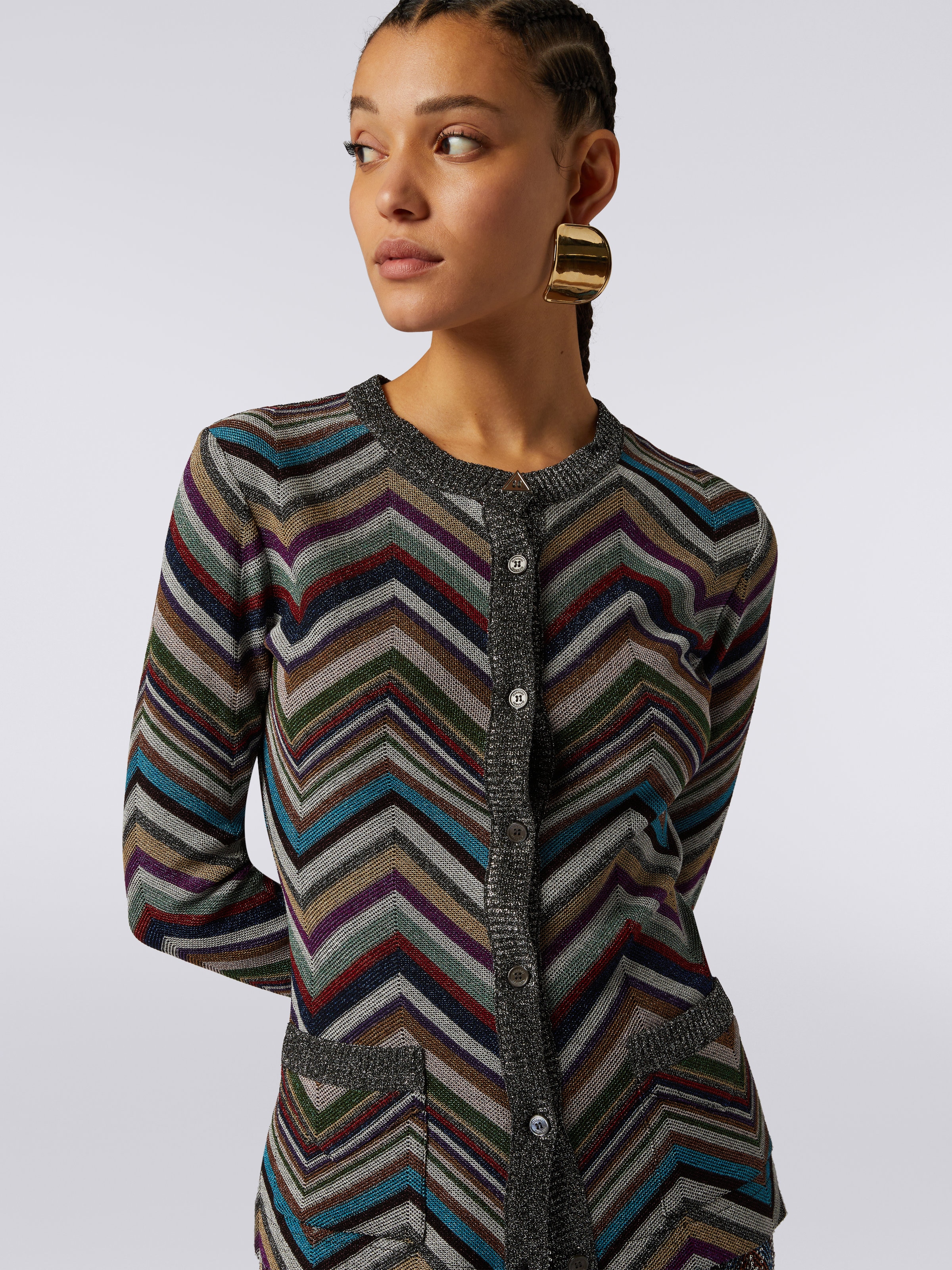 Wool blend chevron cardigan with lurex , Multicoloured  - 4