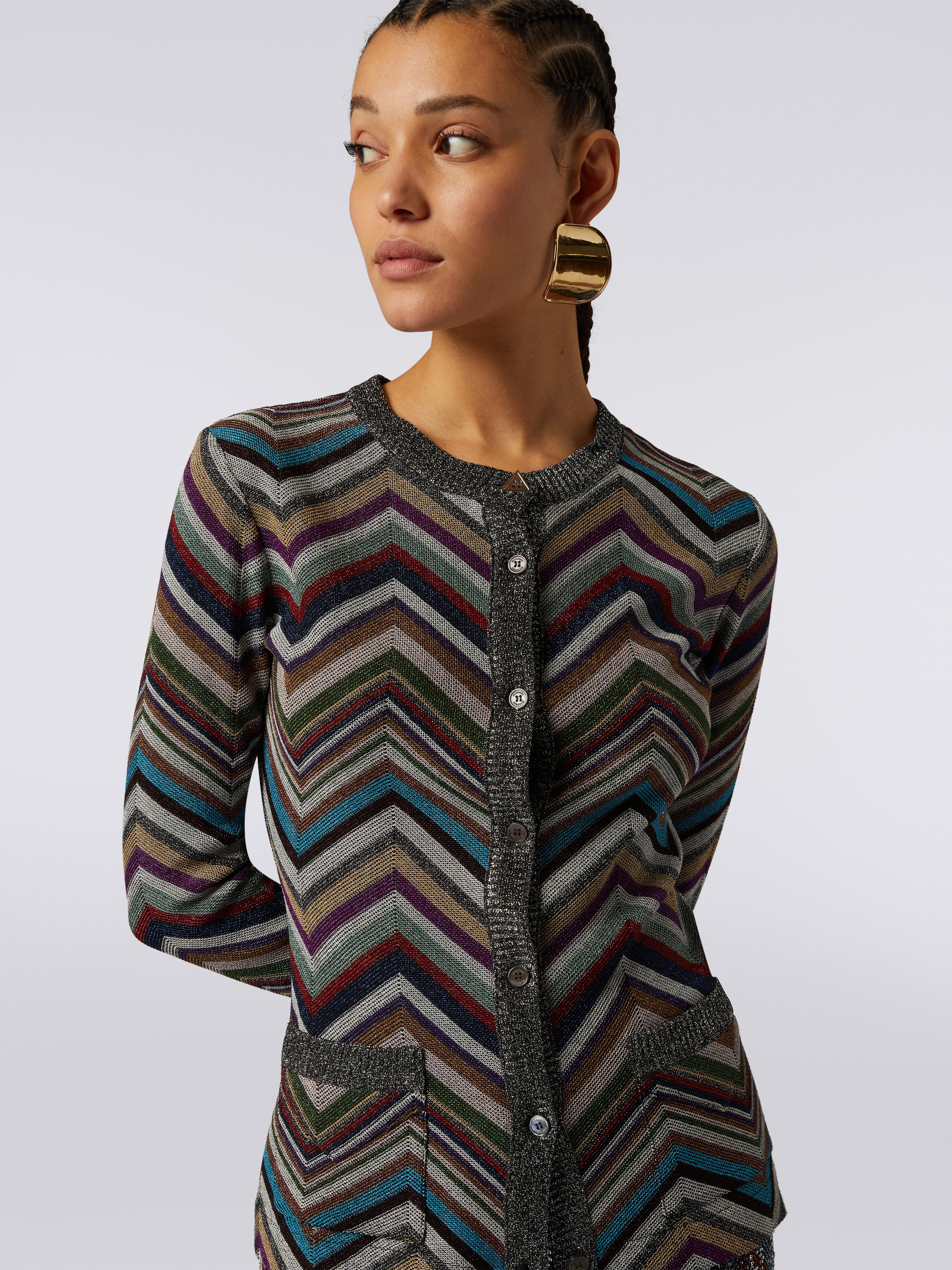 Wool blend chevron cardigan with lurex, Multicoloured  - 4
