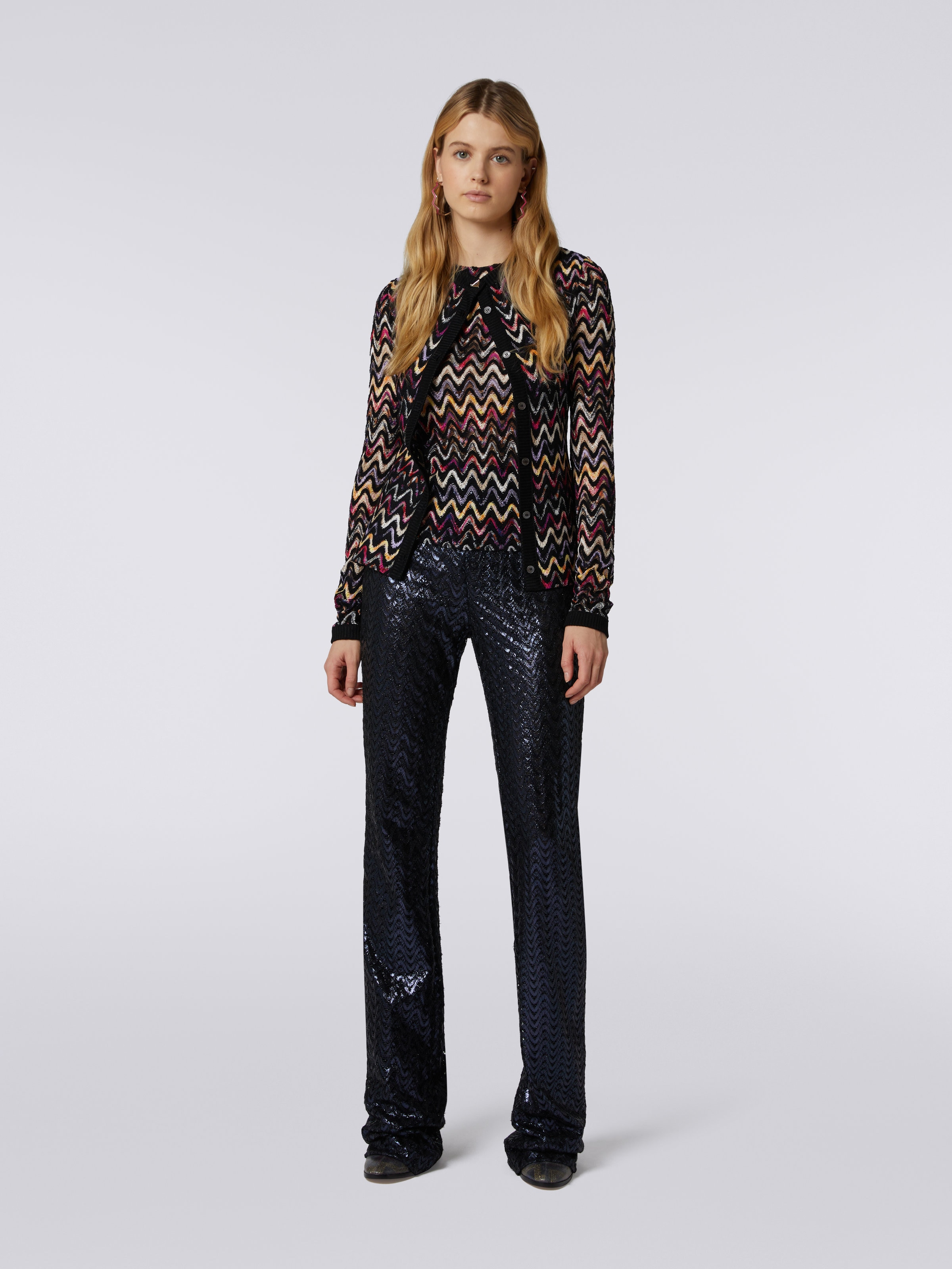 Zigzag cardigan in raschel knit wool and viscose, Multicoloured  - 1