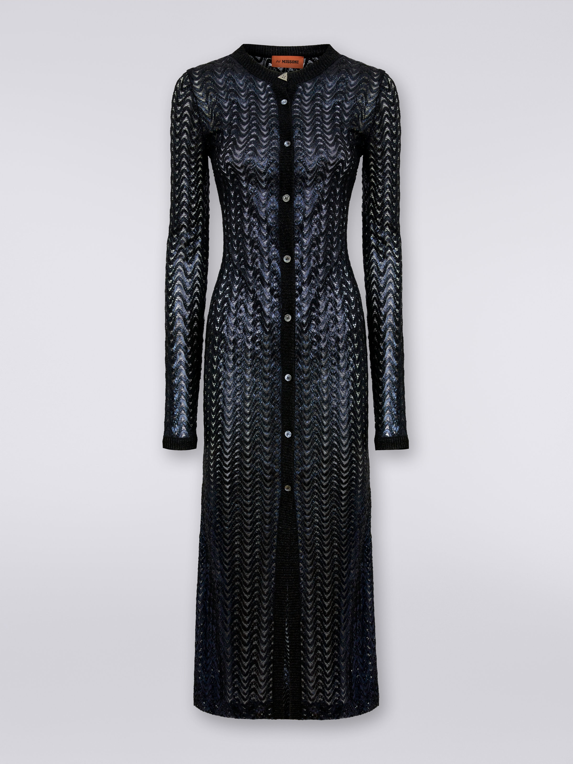 Long cotton and viscose cardigan with zigzag pattern and lace, Black    - 0