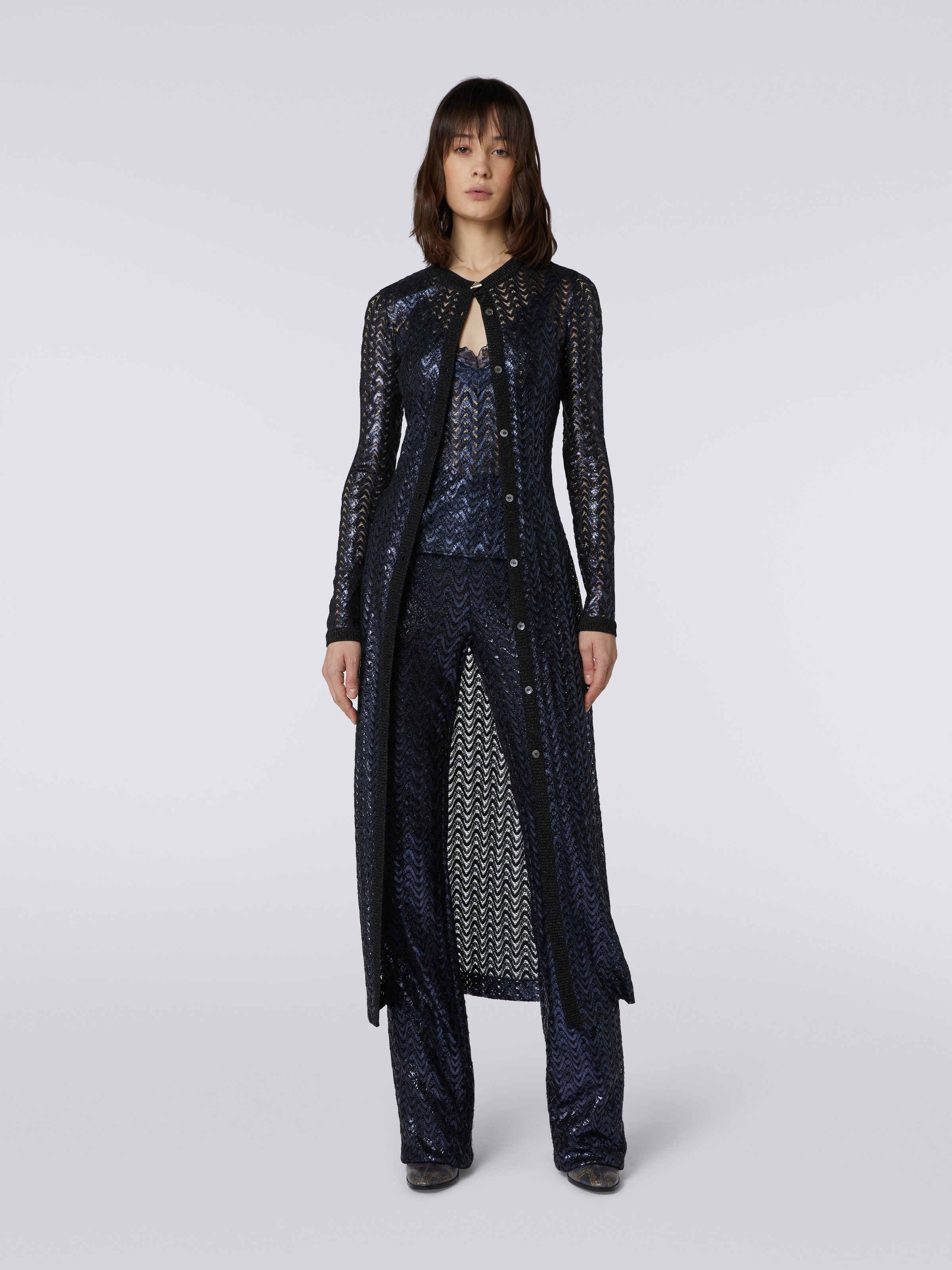 Long cotton and viscose cardigan with zigzag pattern and lace, Black    - 1