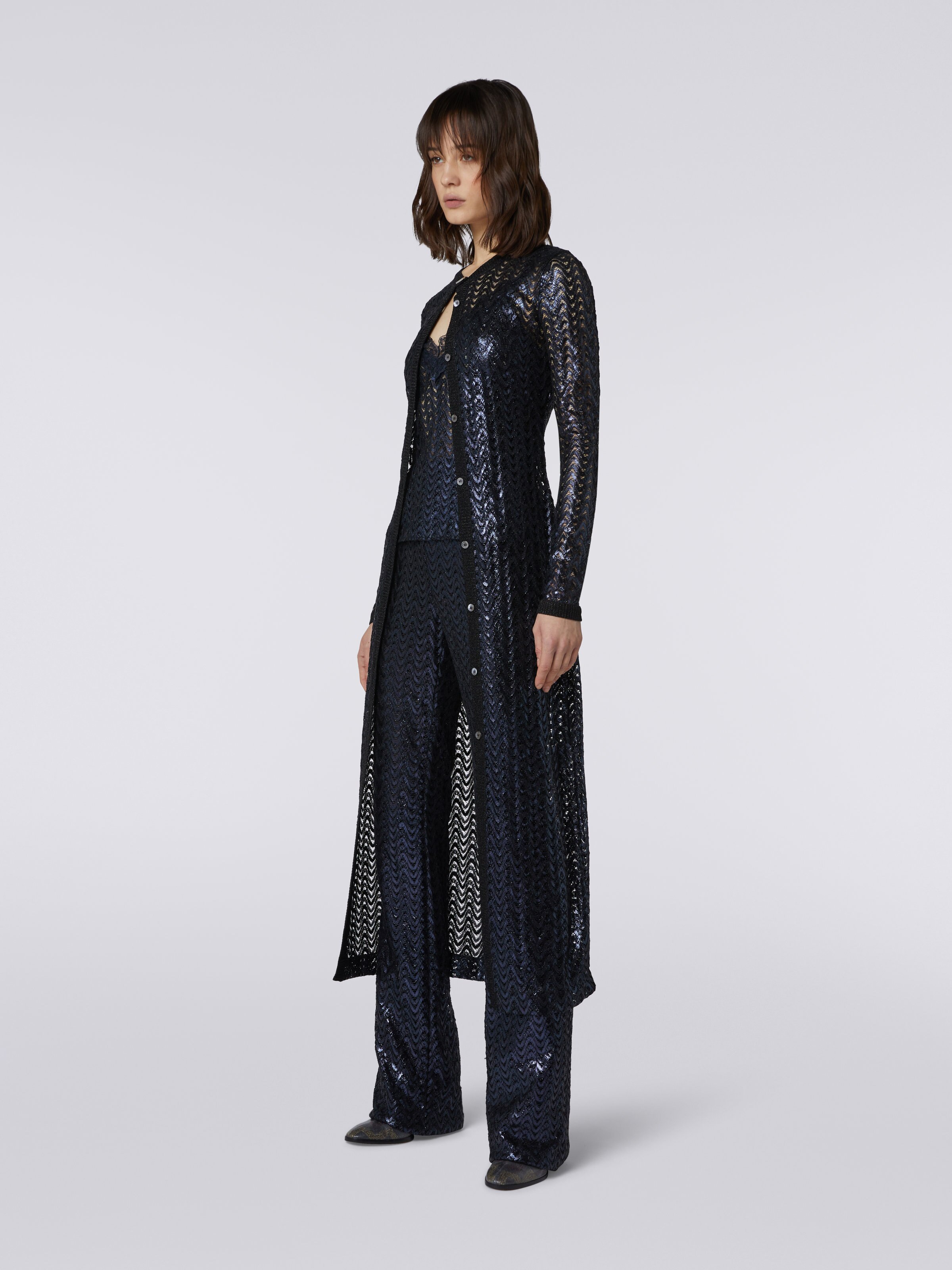Long cotton and viscose cardigan with zigzag pattern and lace, Black    - 2