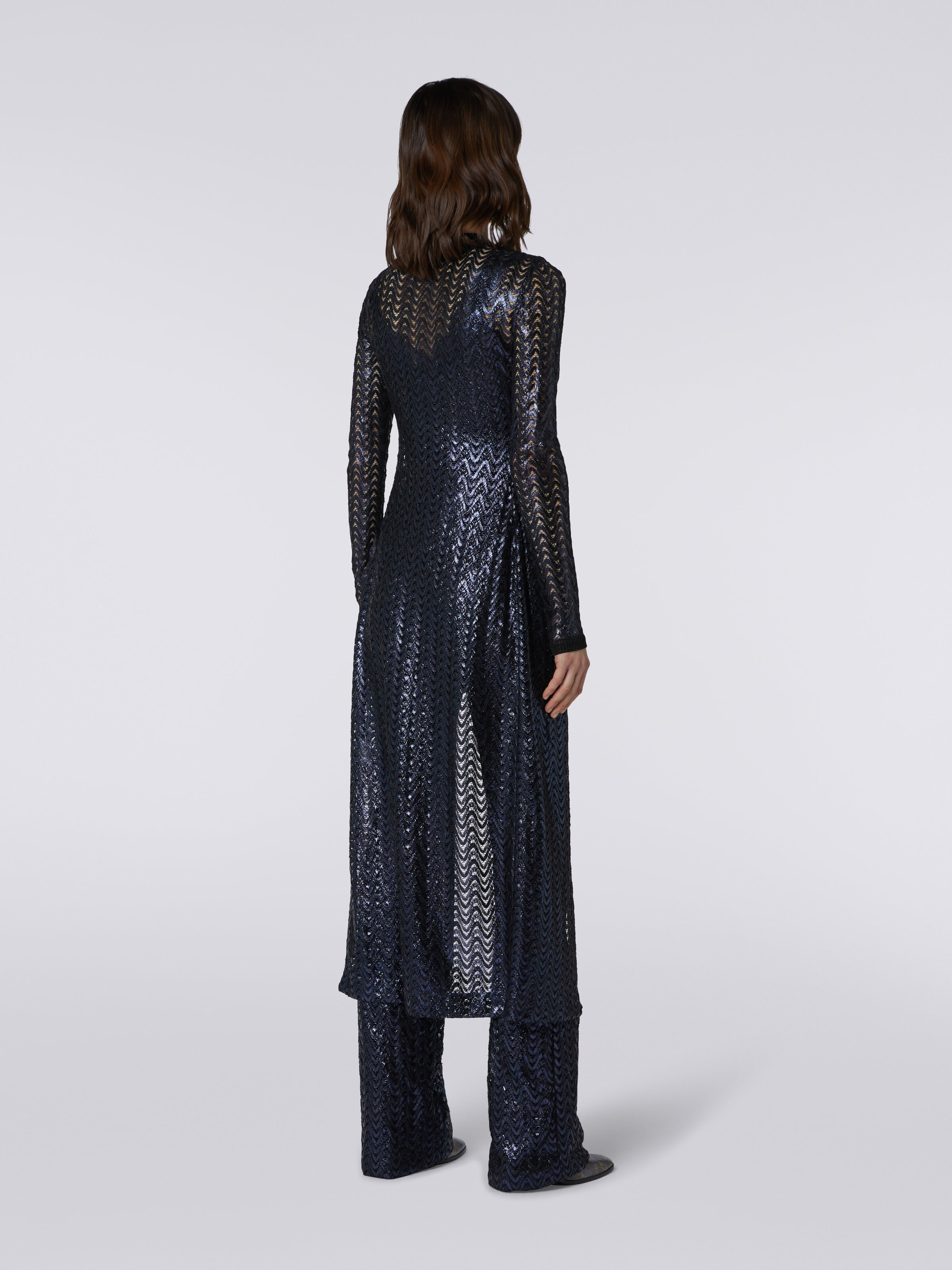 Long cotton and viscose cardigan with zigzag pattern and lace, Black    - 3