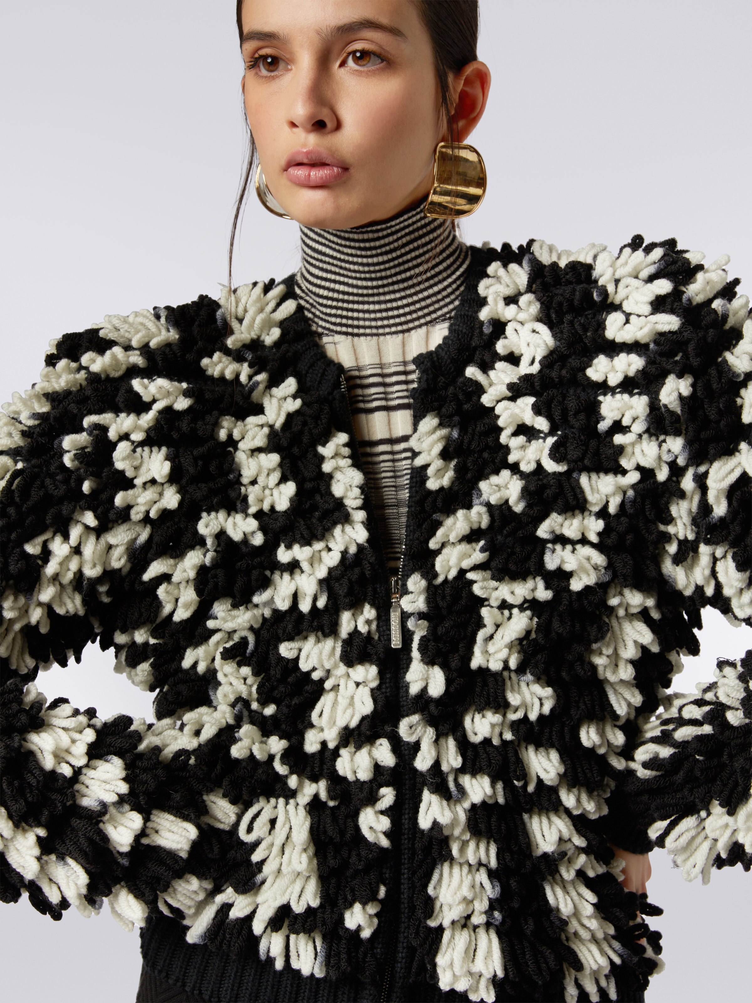 Fur-effect wool cardigan with zip , Black & White - 4