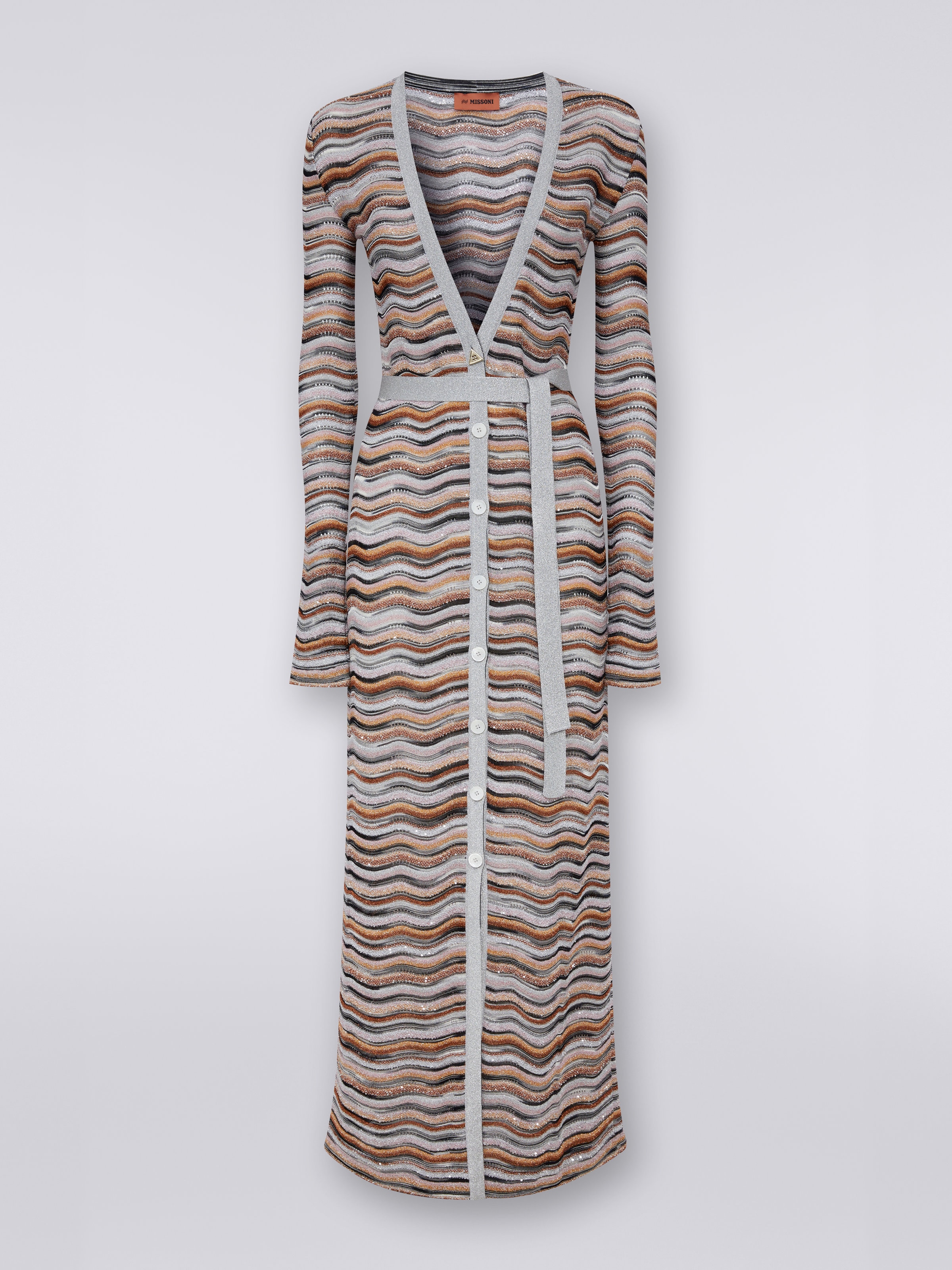 Long cardigan in lamé viscose blend with belt, Multicoloured  - 0
