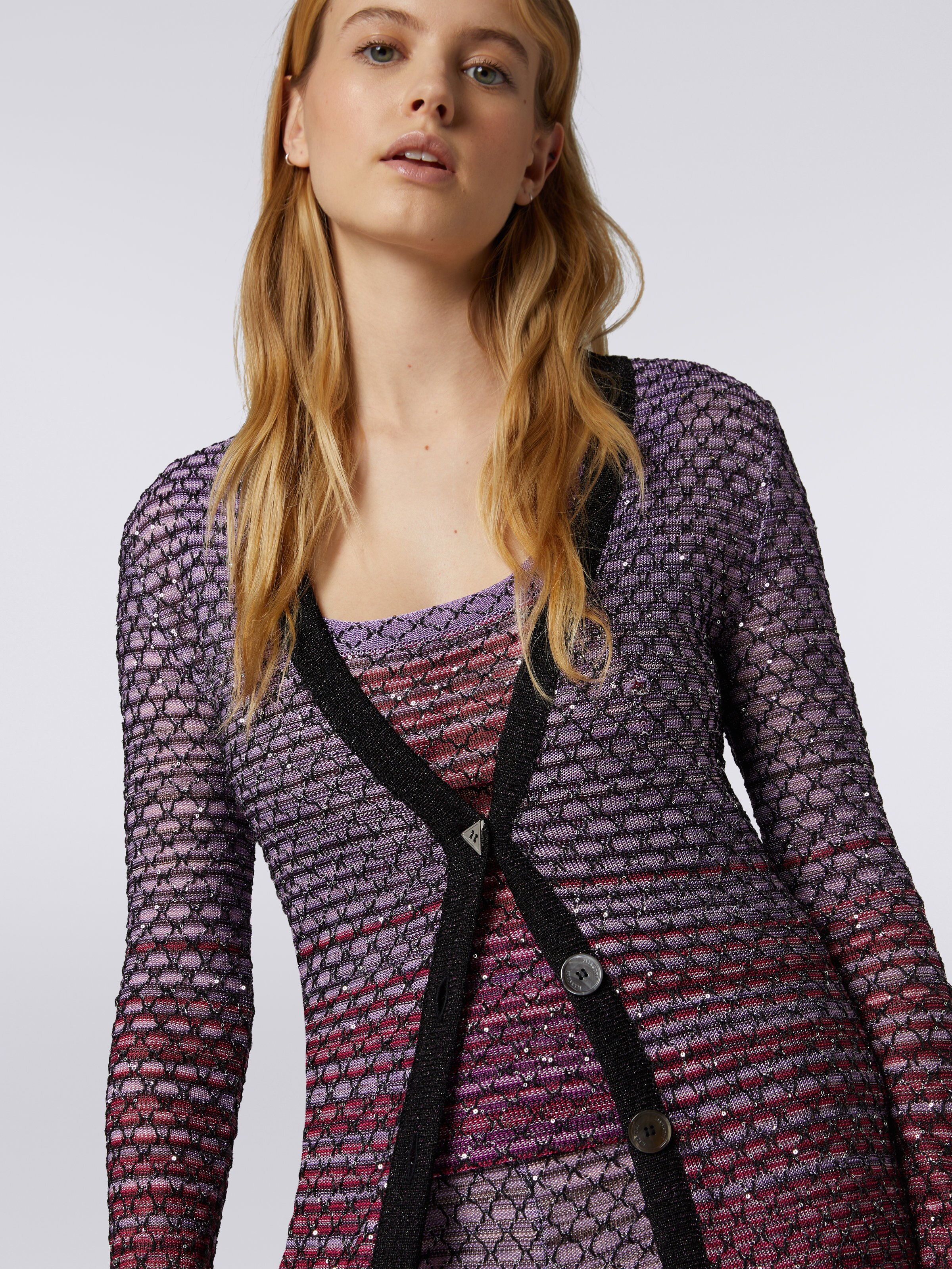 Cardigan long en viscose mélangée avec finition résille et paillettes, Rouge  - 4