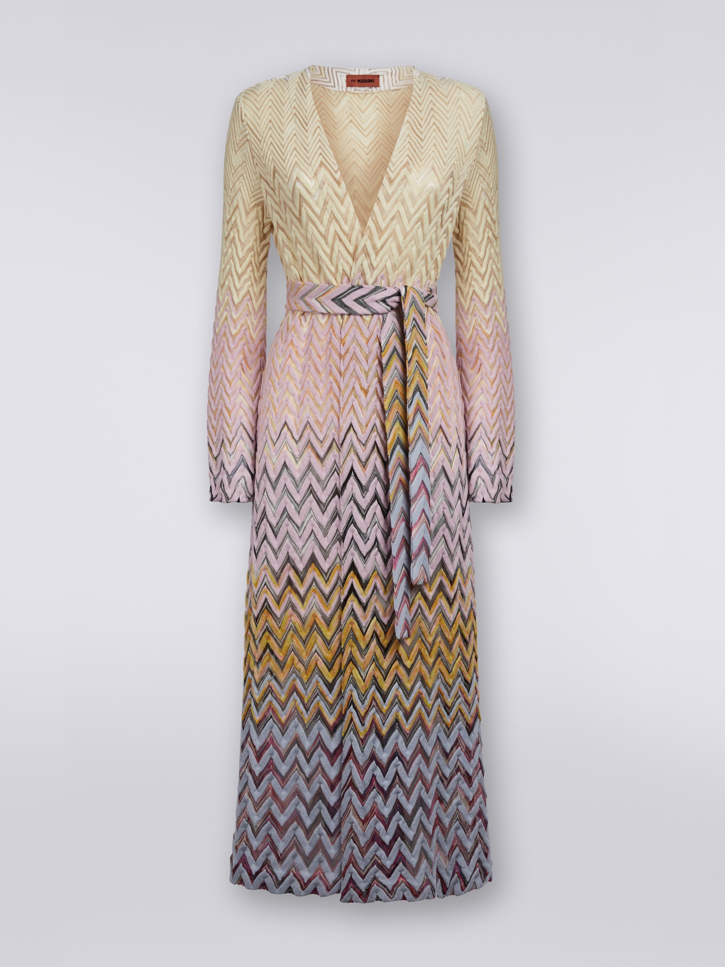 Long wool and viscose chevron cardigan, Multicoloured  - 0