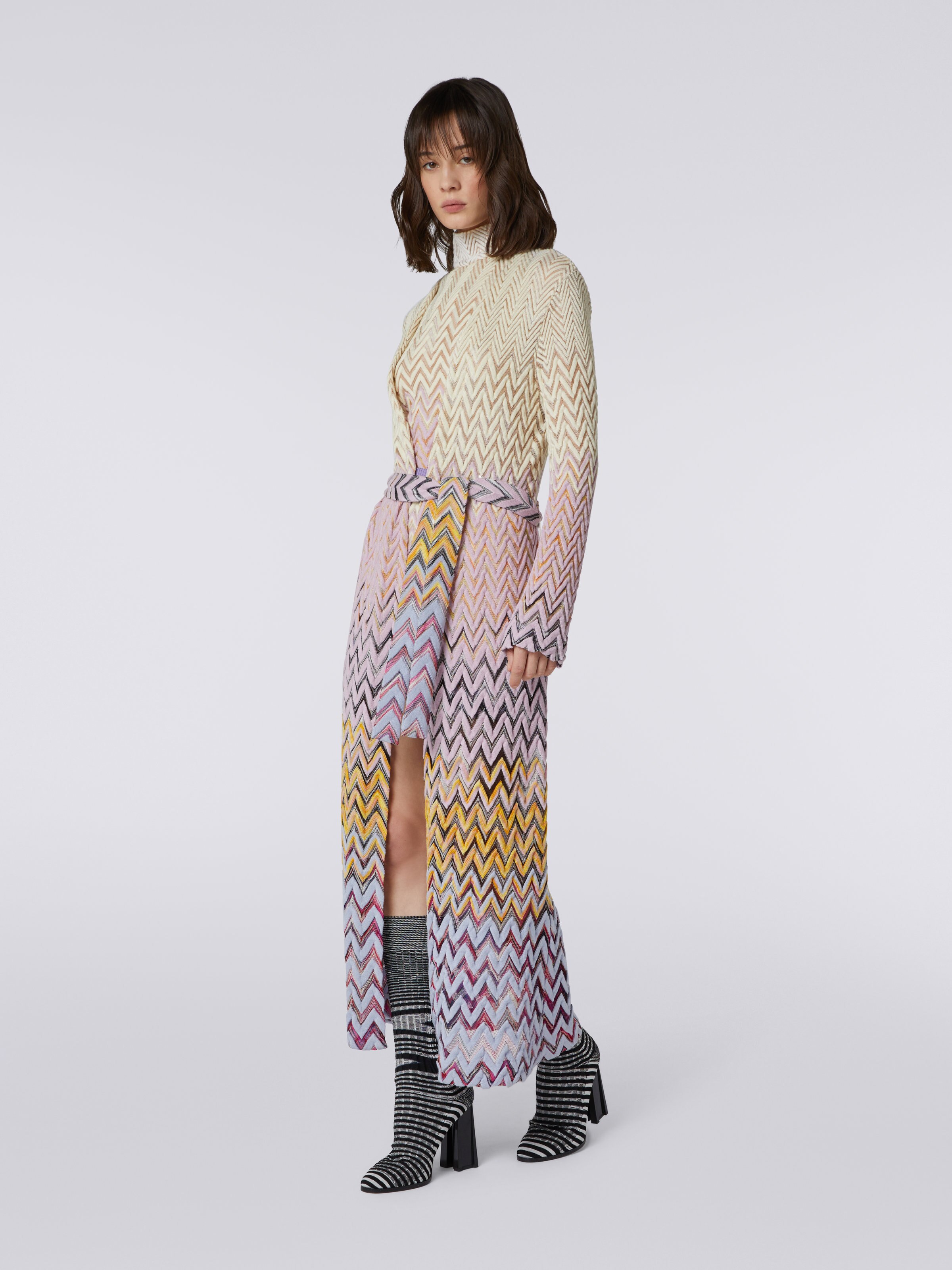 Long wool and viscose chevron cardigan, Multicoloured  - 2