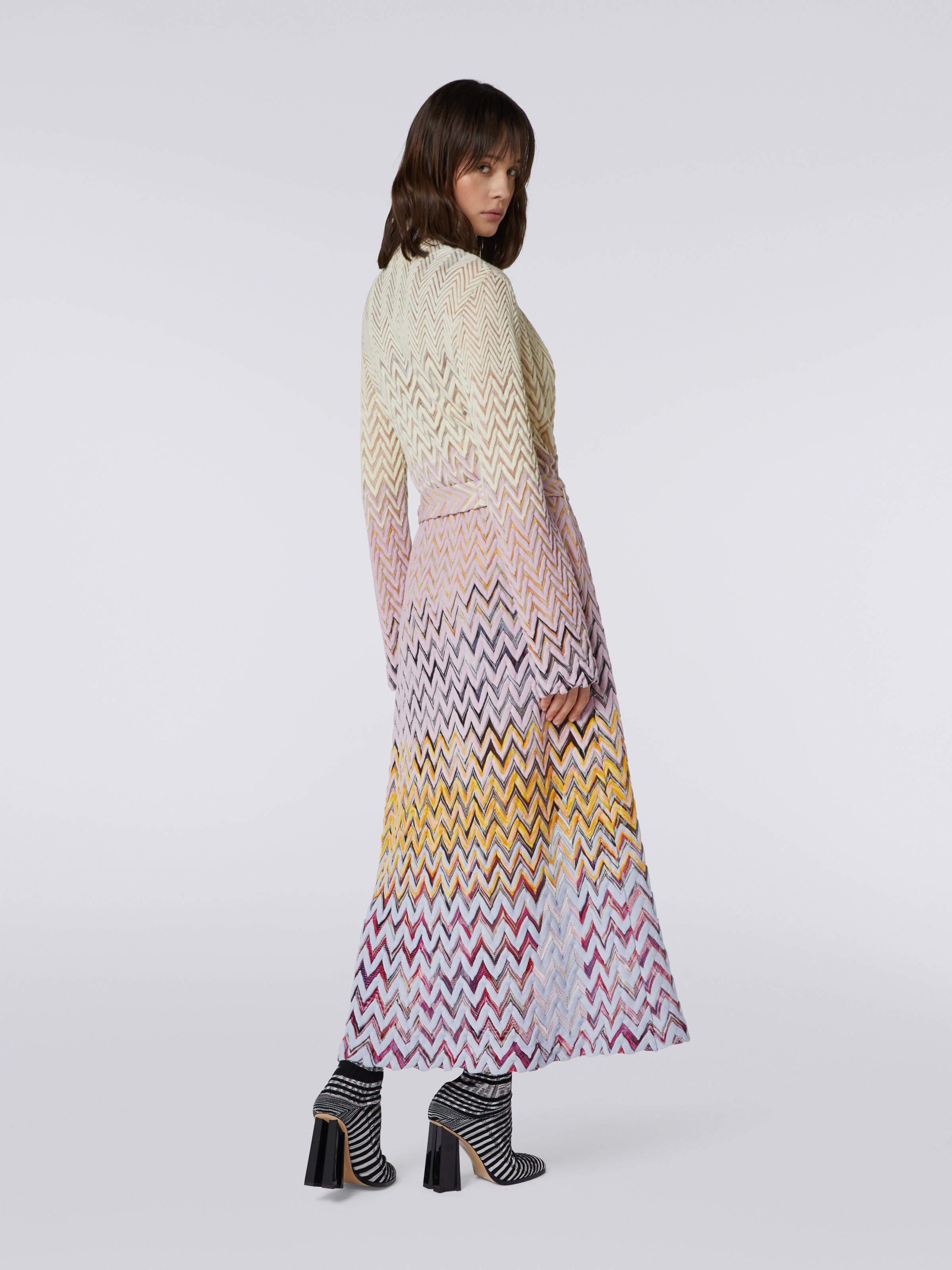 Long wool and viscose chevron cardigan, Multicoloured  - 3