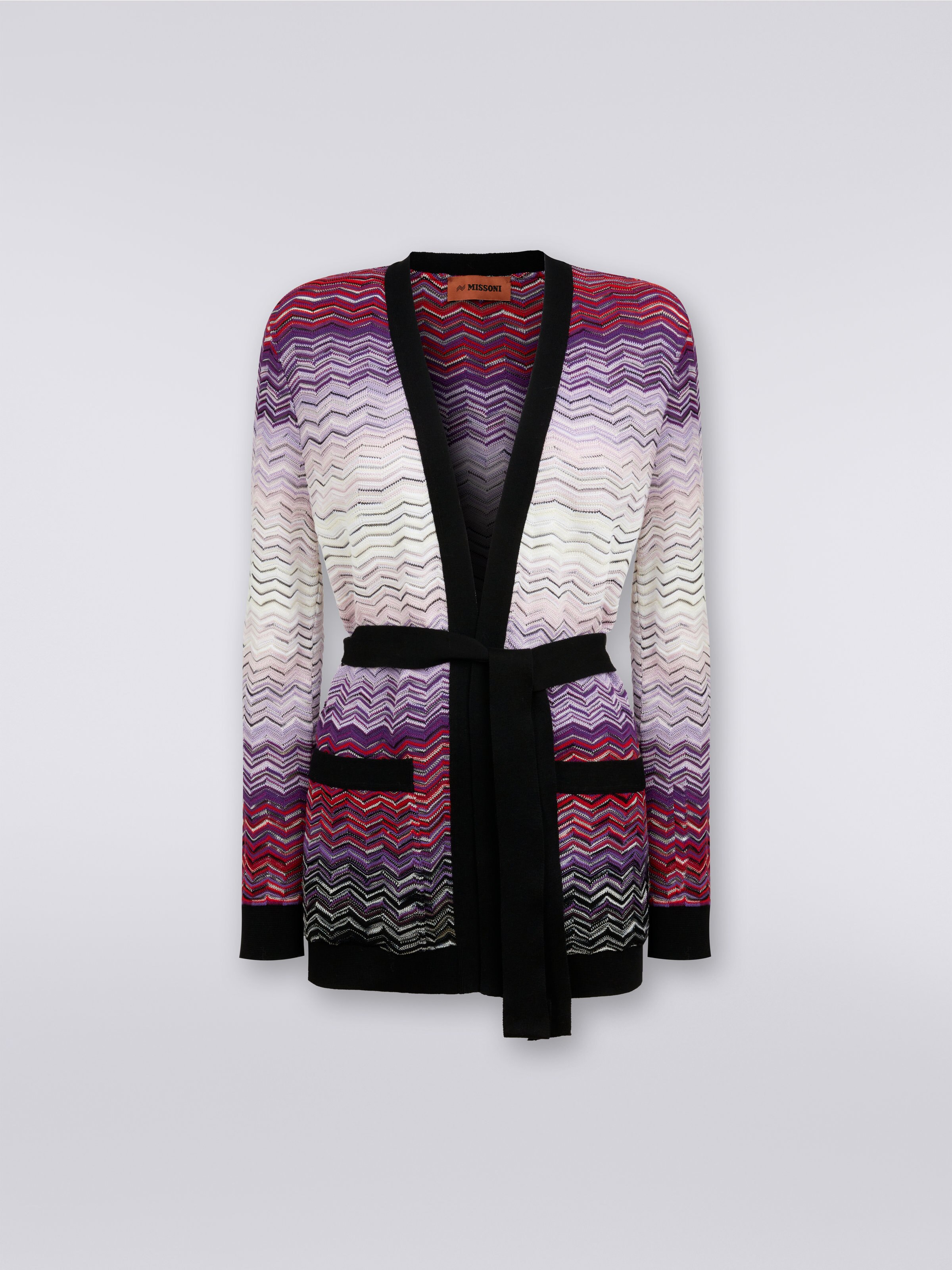 Long cotton and viscose chevron cardigan with belt, Multicoloured  - 0