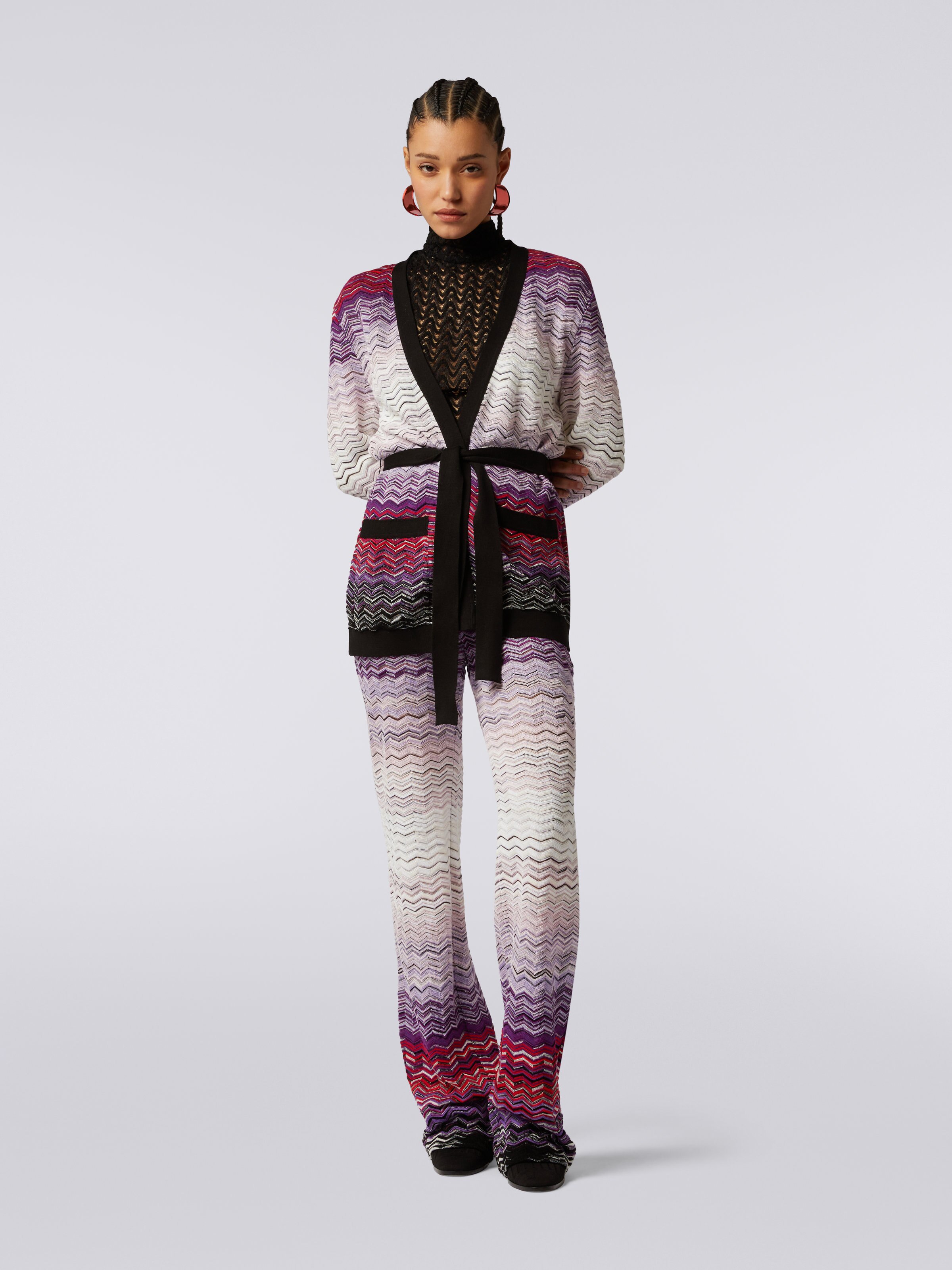 Long cotton and viscose chevron cardigan with belt, Multicoloured  - 1