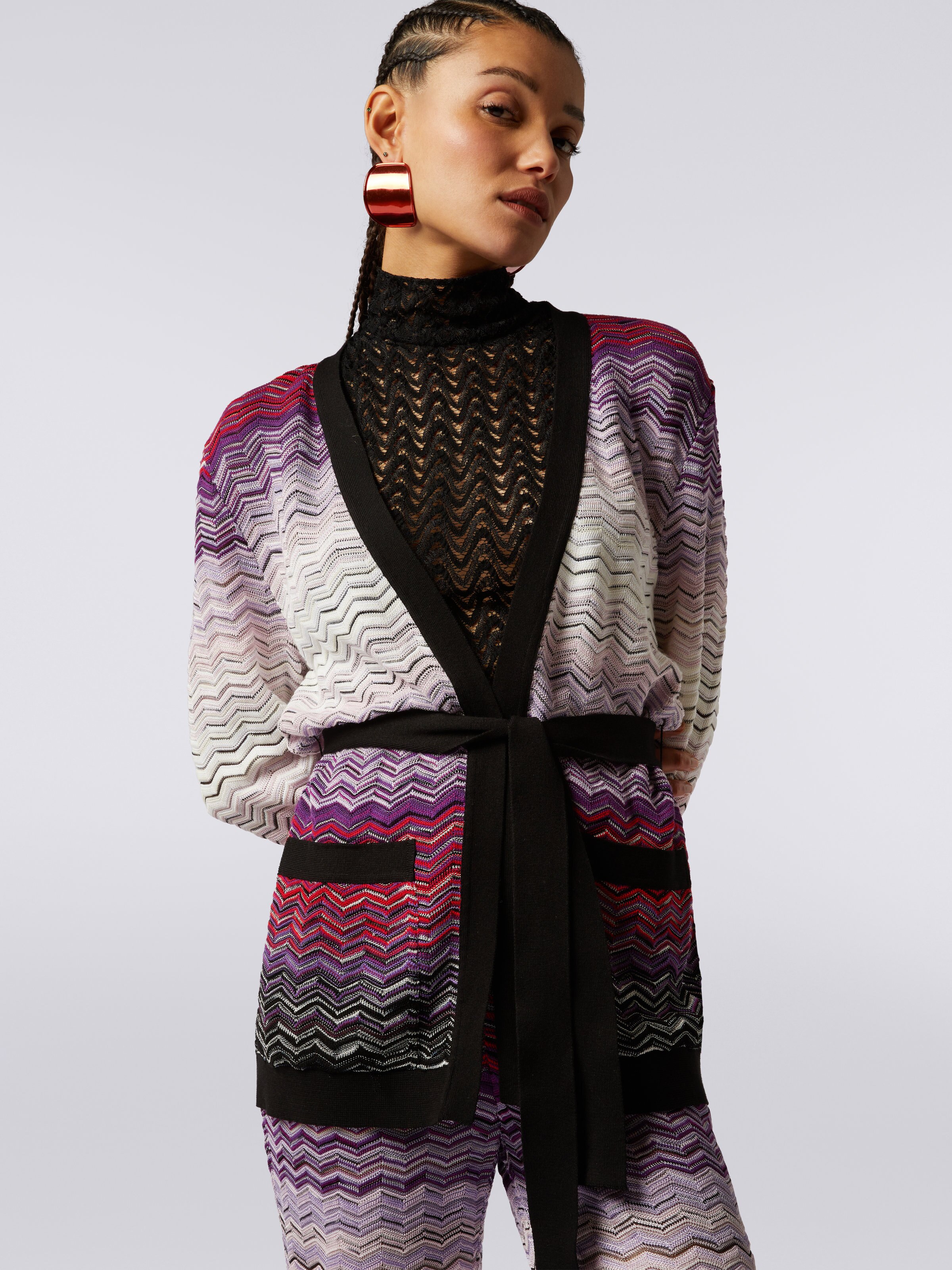 Long cotton and viscose chevron cardigan with belt, Multicoloured  - 4