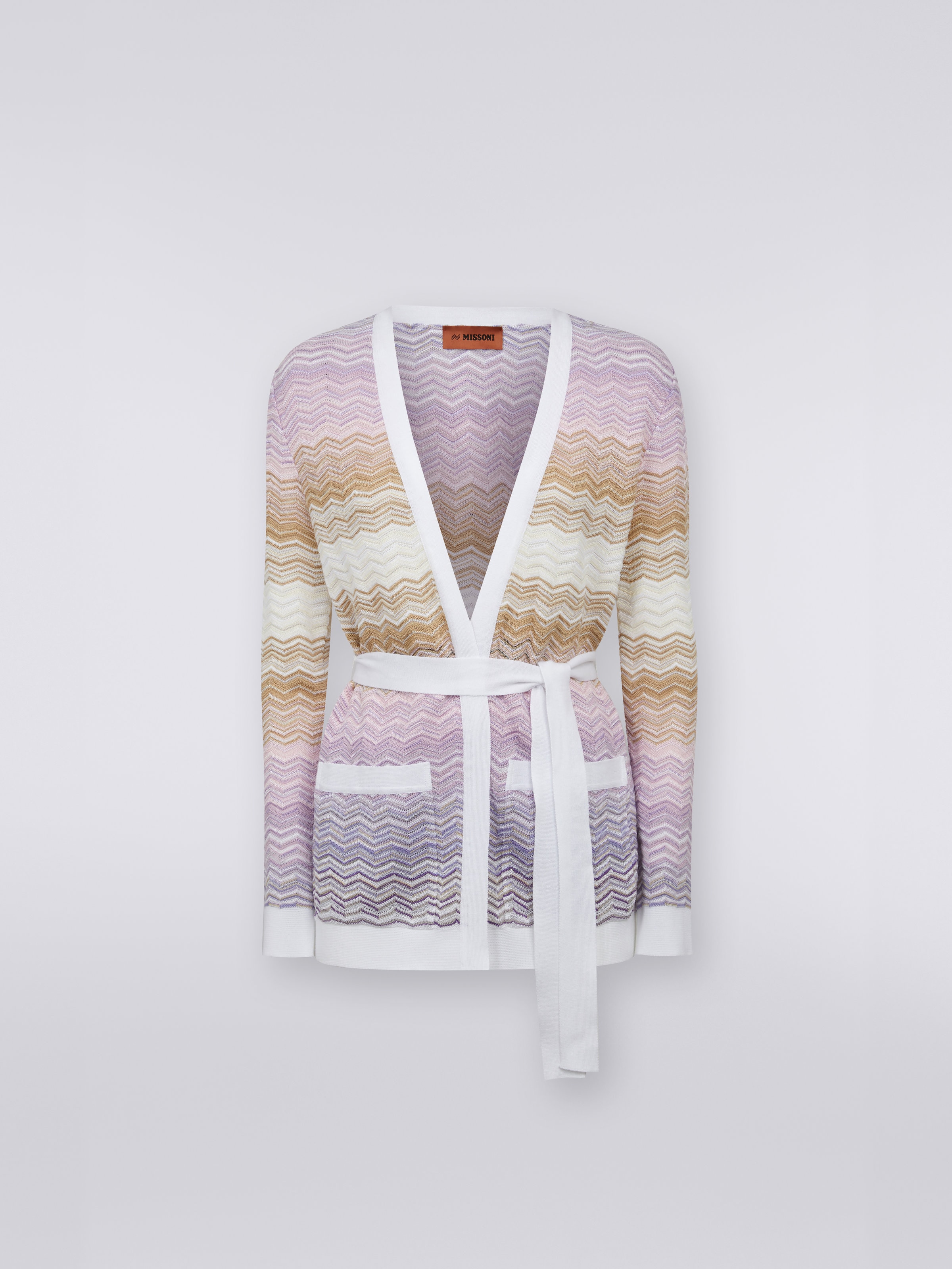 Long cotton and viscose chevron cardigan with belt , Multicoloured  - 0