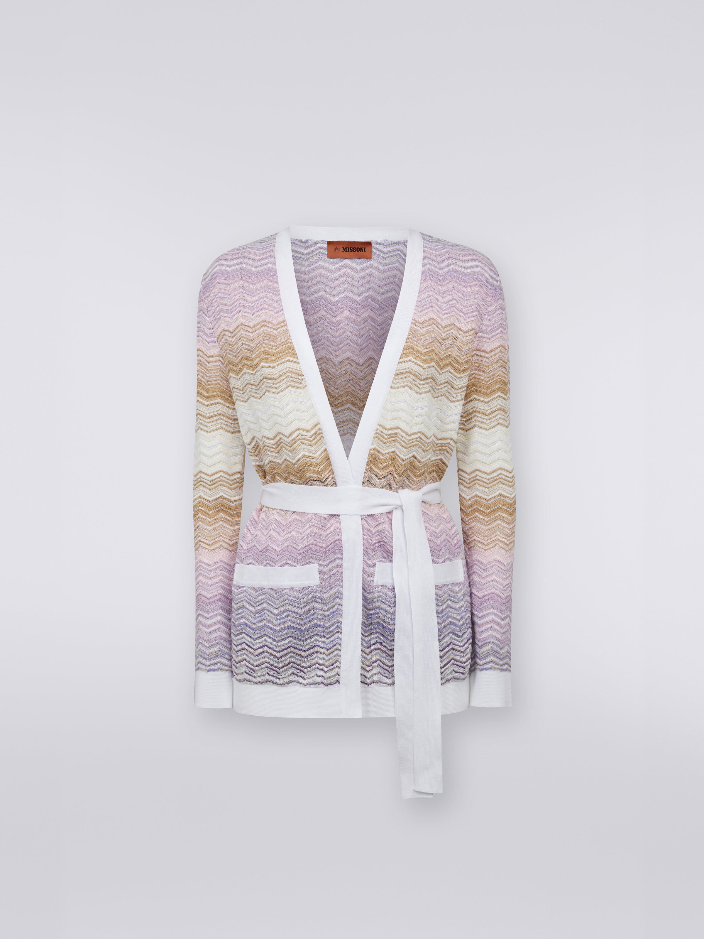Cardigan con cintura in cotone e viscosa chevron, Multicolore  - 0