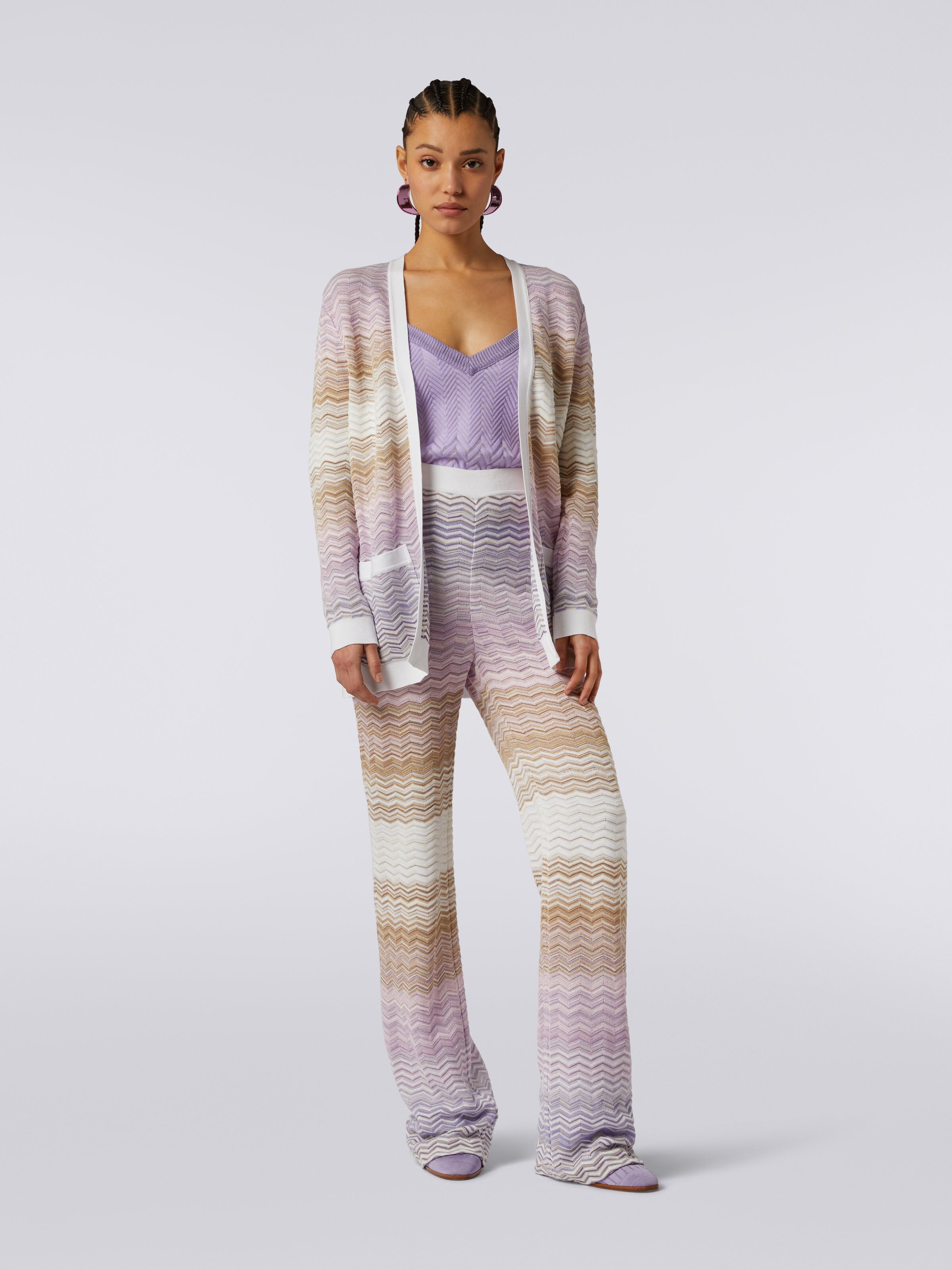 Long cotton and viscose chevron cardigan with belt , Multicoloured  - 1