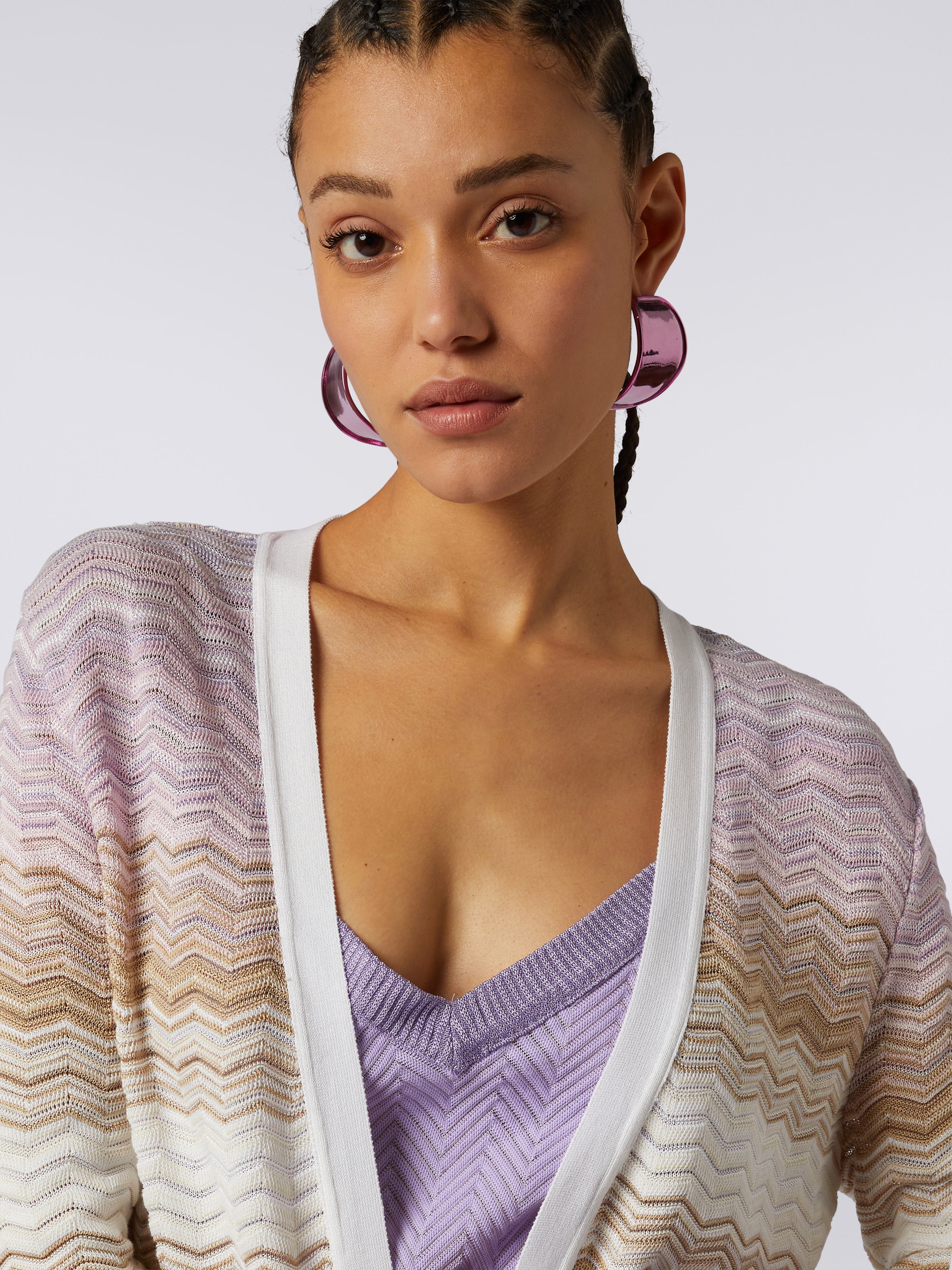 Cardigan con cintura in cotone e viscosa chevron, Multicolore  - 4