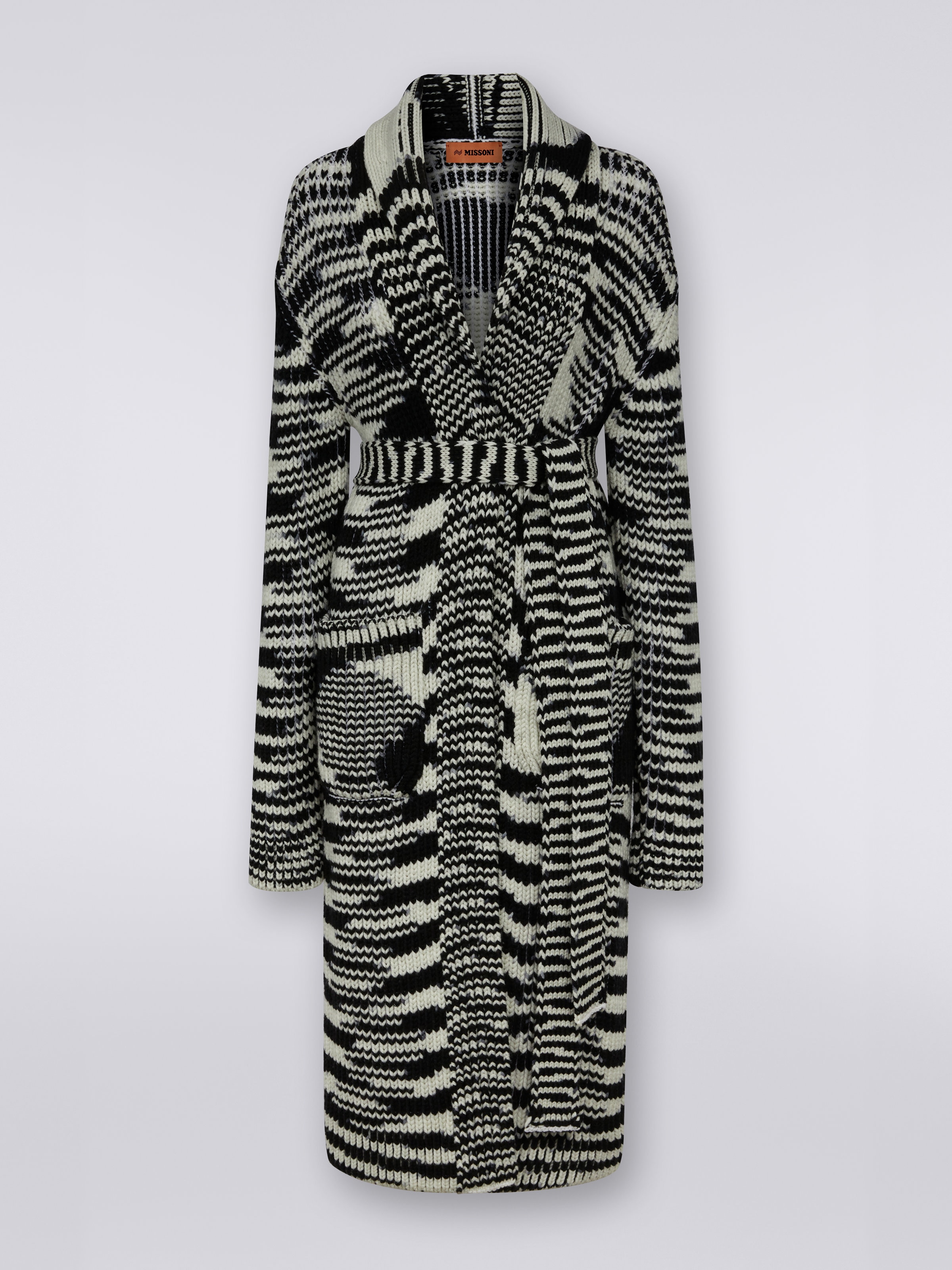 Long slub wool knit cardigan, Black & White - 0