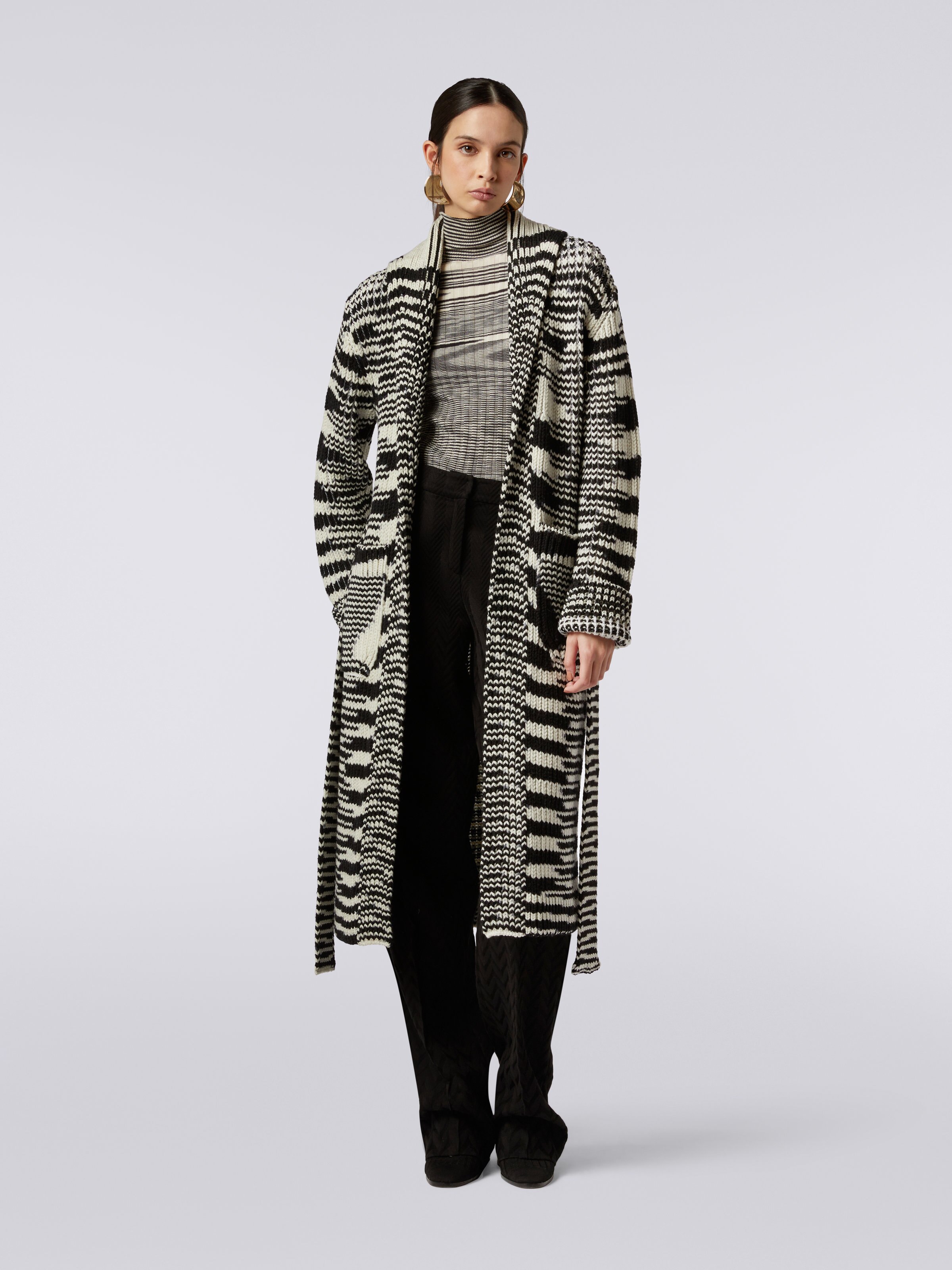 Long slub wool knit cardigan, Black & White - 1