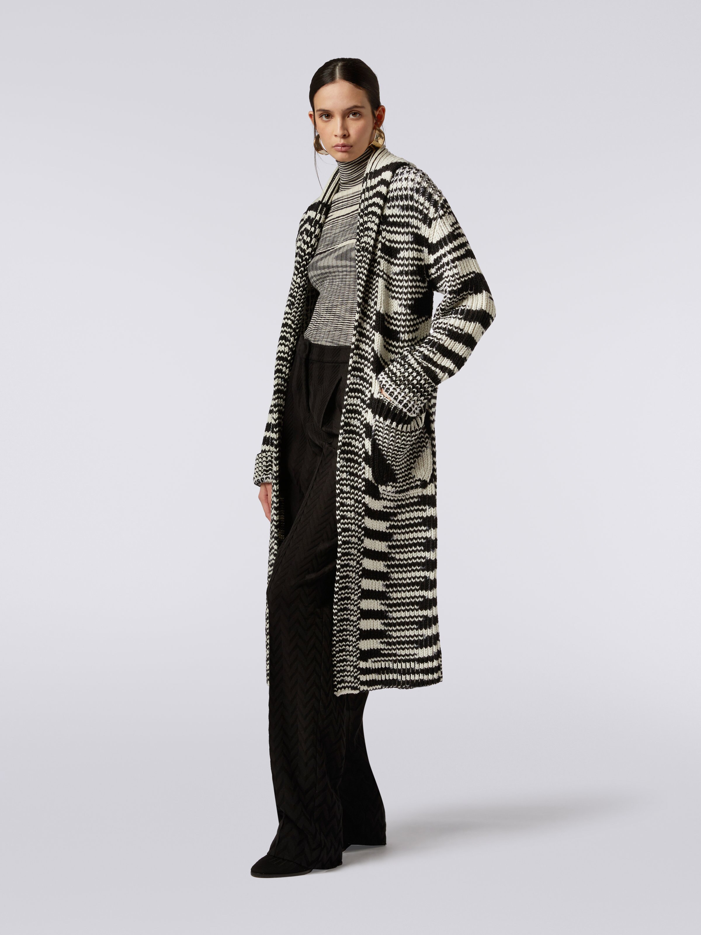 Long slub wool knit cardigan, Black & White - 2