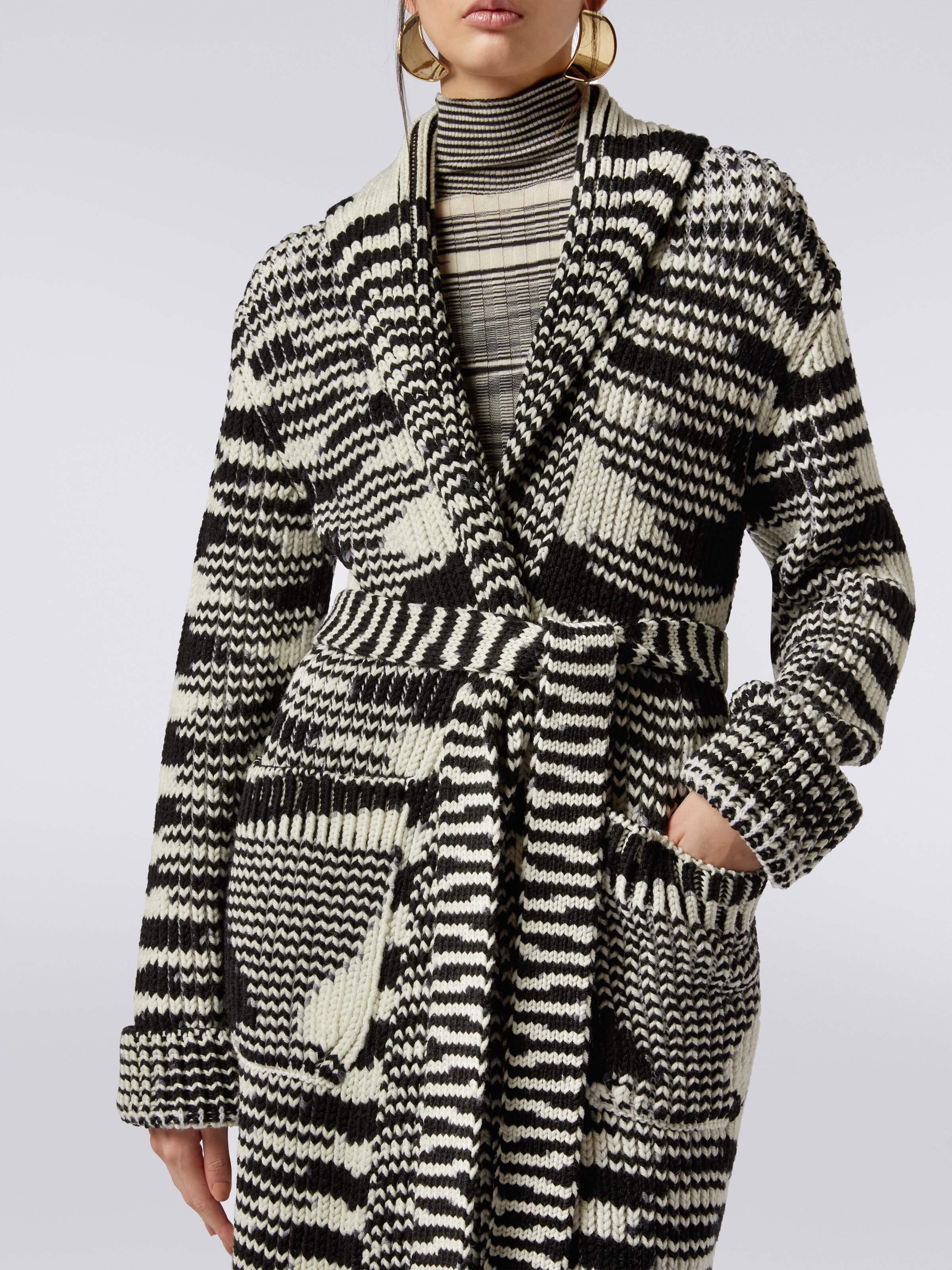 Long slub wool knit cardigan, Black & White - 4