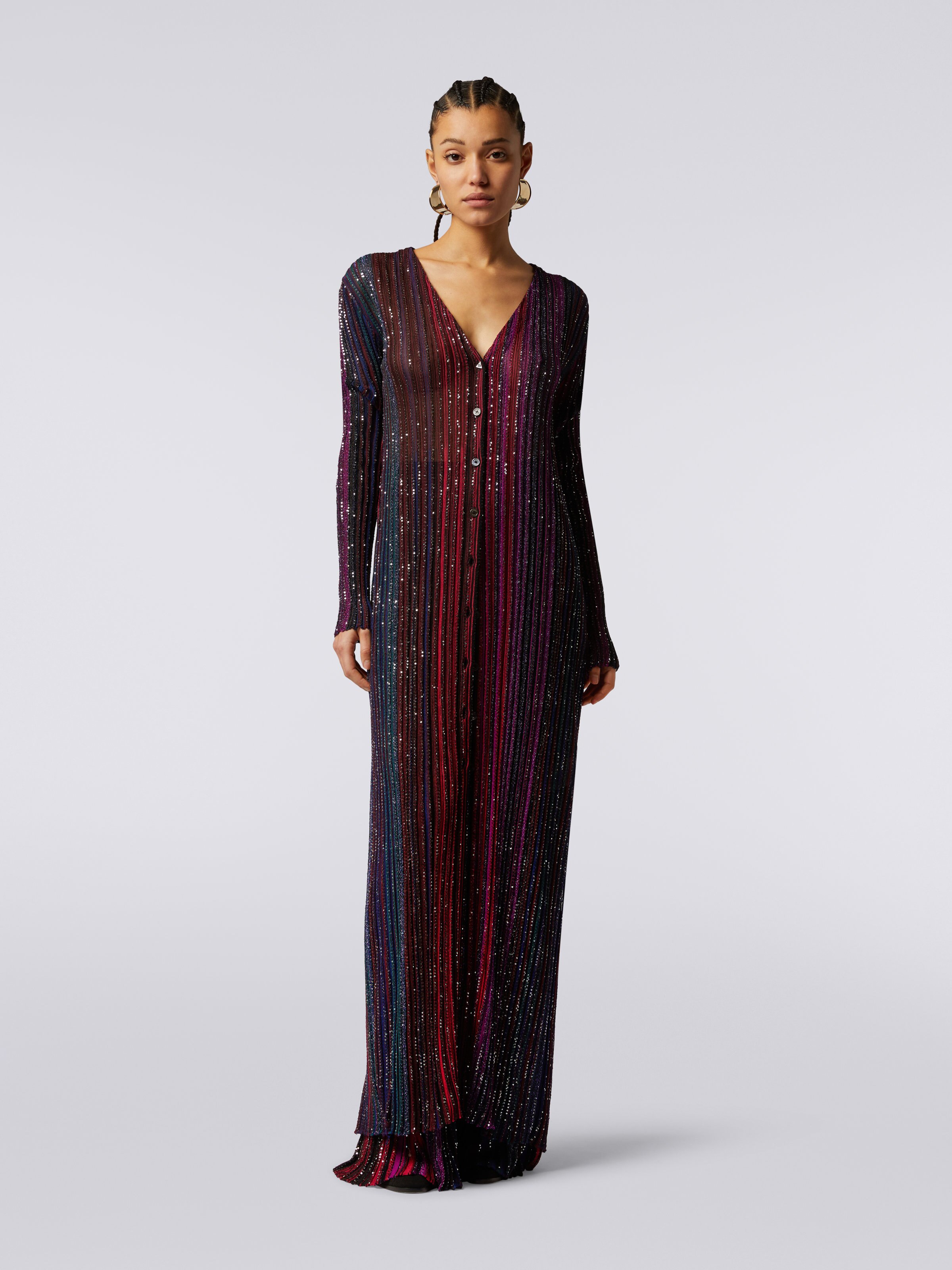 Vertical striped viscose cardigan with sequins, Multicoloured  - 1