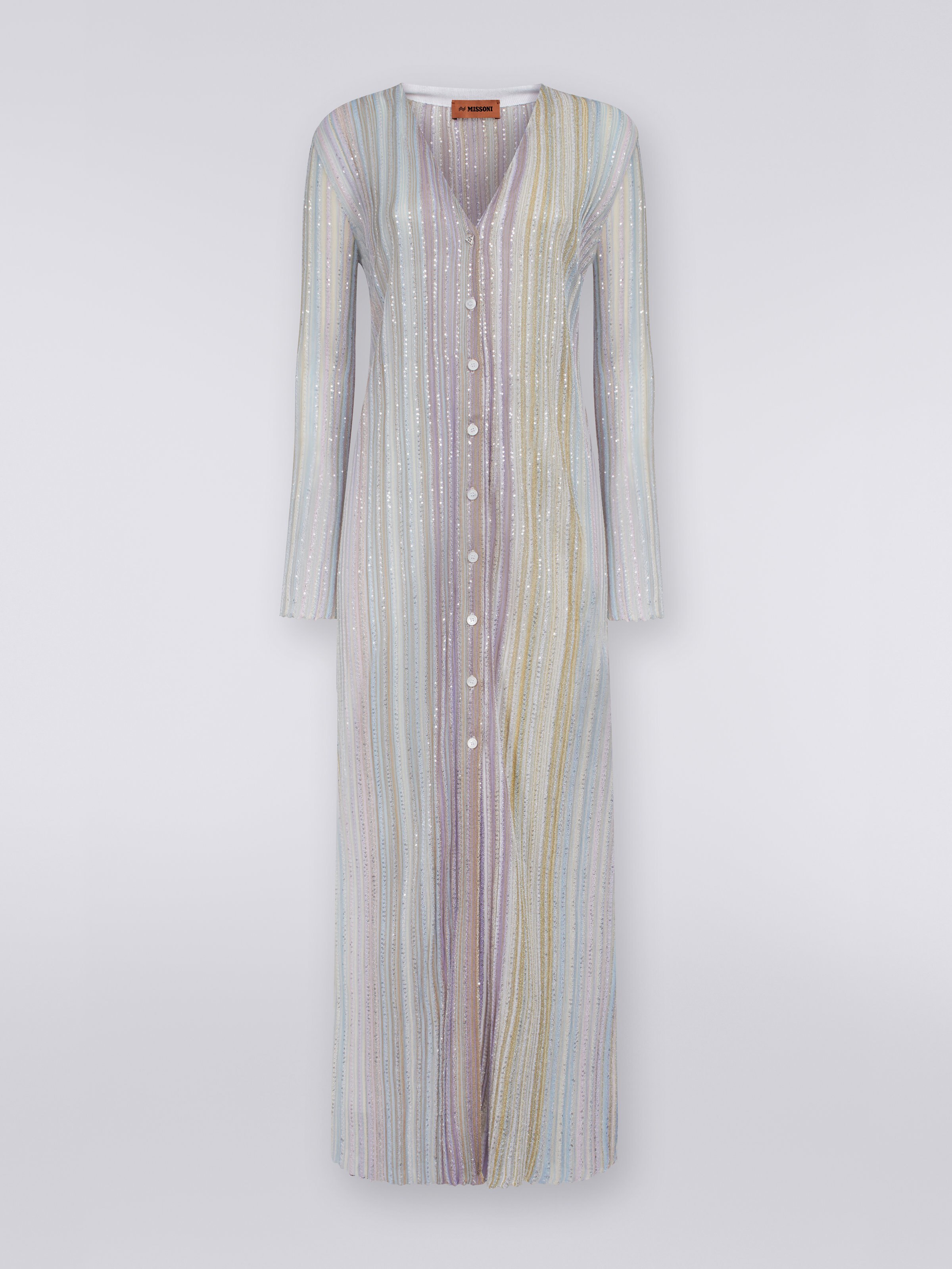 Vertical striped viscose cardigan with sequins, Multicoloured  - 0