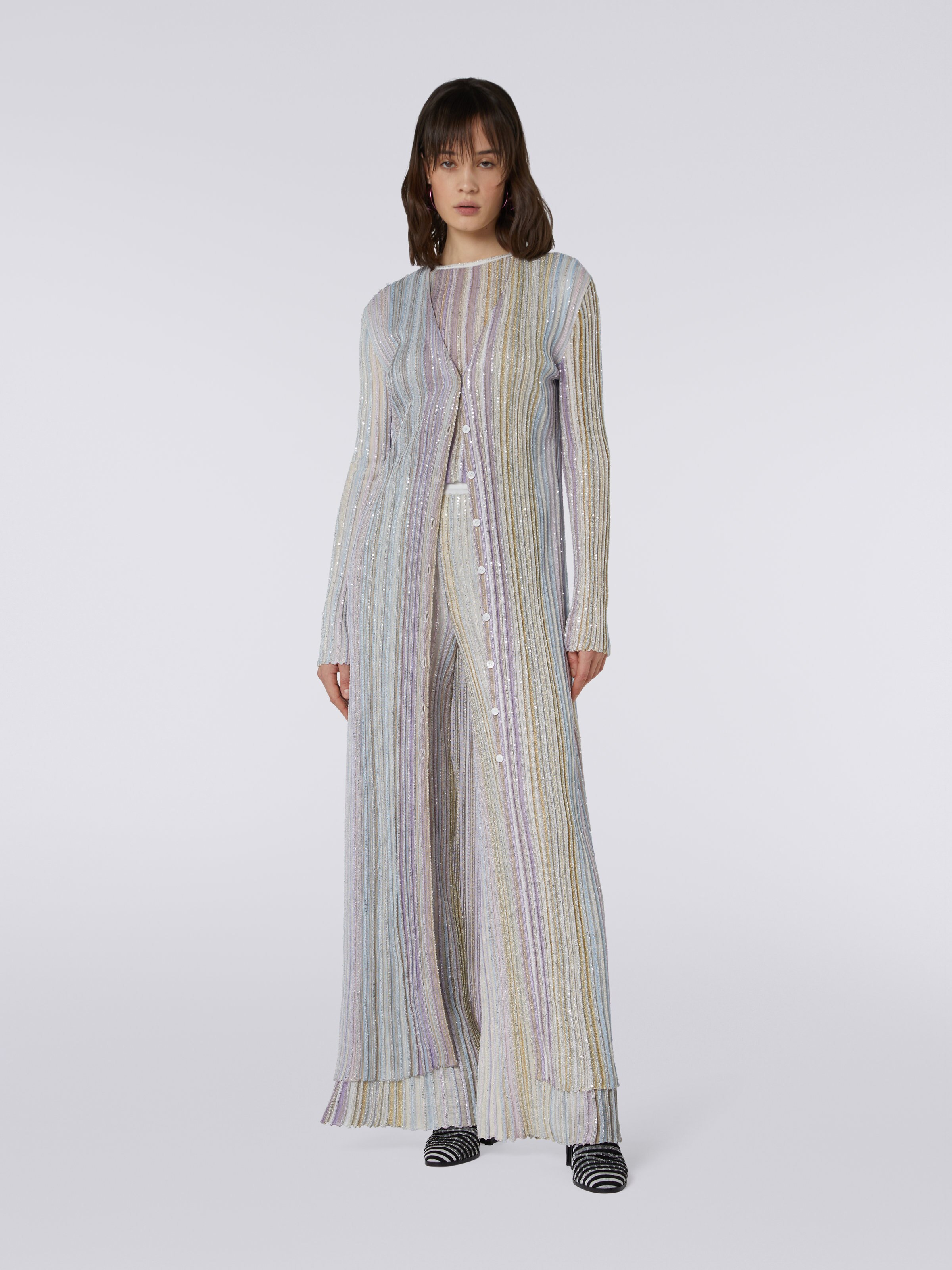 Vertical striped viscose cardigan with sequins, Multicoloured  - 1